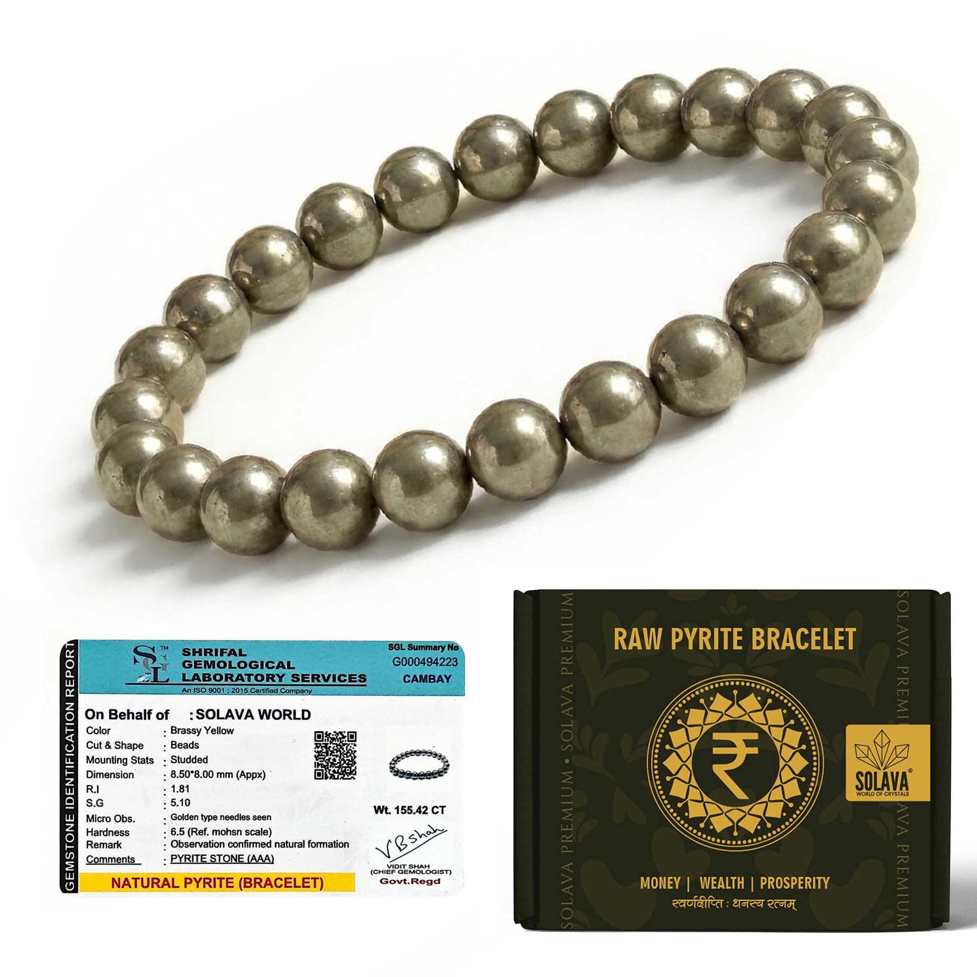SOLAVA Premium Pyrite Bracelet Original Certified for Men & Women | Natural Raw Pyrite Stone Bracelet | AAA Quality Adjustable | Energised | Govt Lab Certified