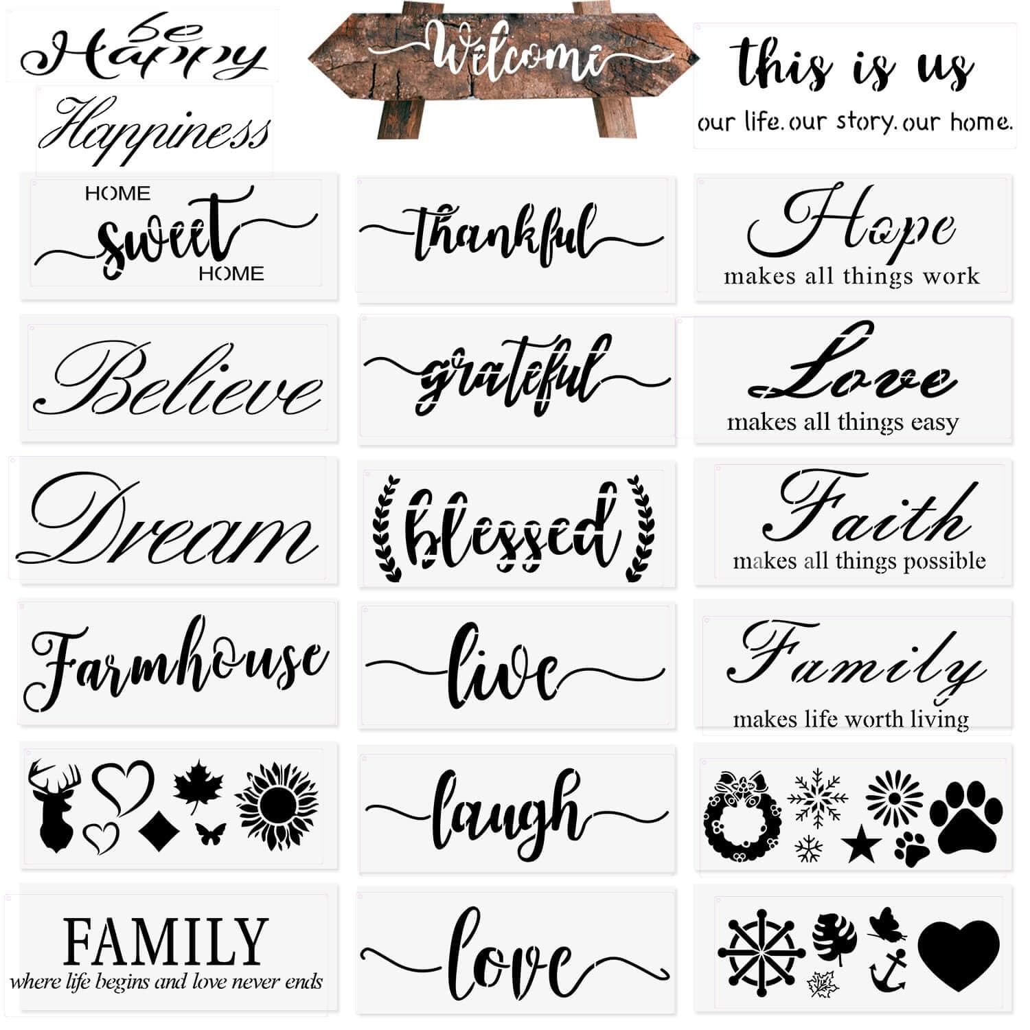 22 PCS Stencils for Painting on Wood Reusable, Welcome DIY Plastic Art Cursive Letter Stencil Templates Set for Decor Home Wall Door Porch Signs (14 inch)