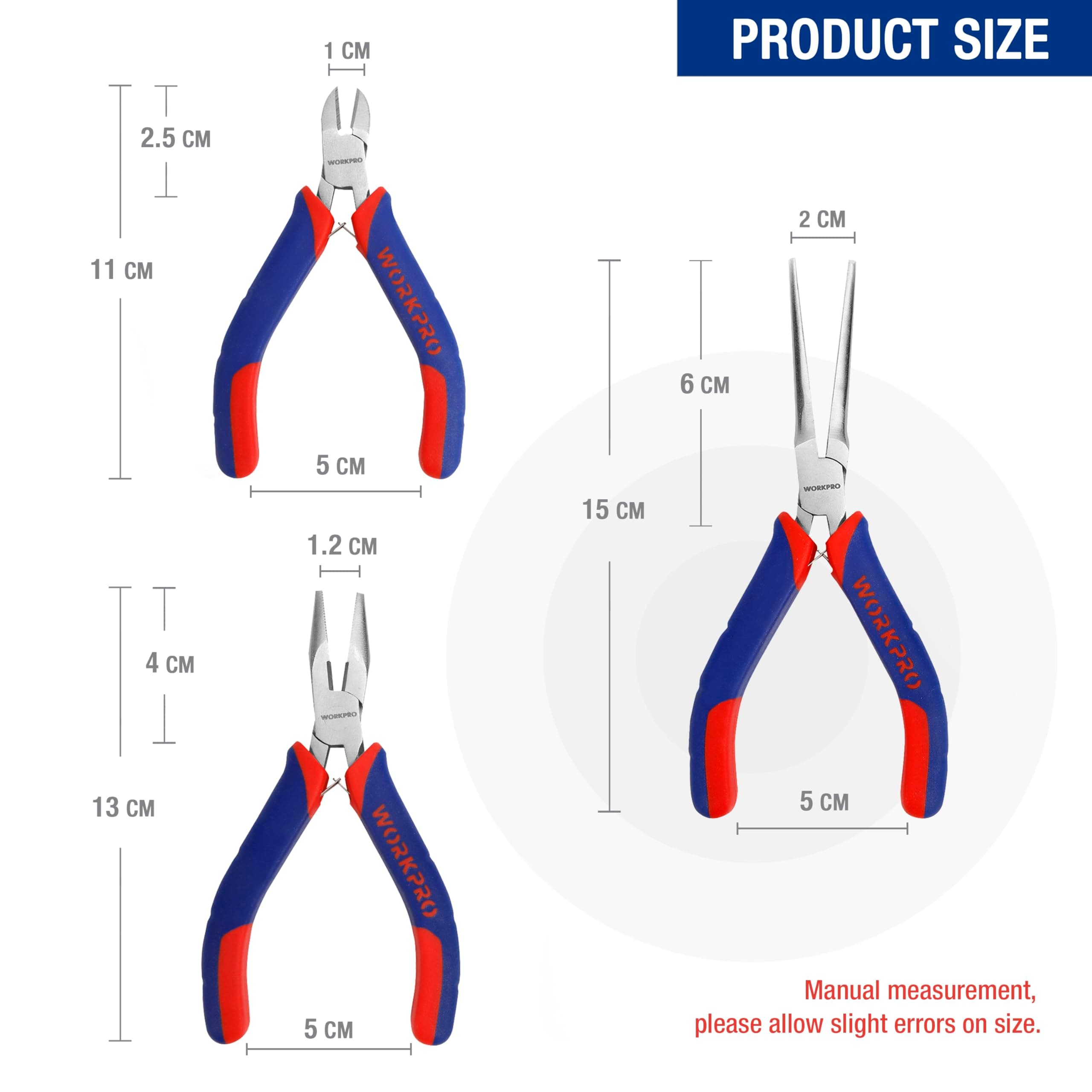 WORKPRO Mini Pliers Set, 3-Piece Small Tool Kit Includes 4 Diagonal Plier, 5 Long Nose 6 Needle For Making Crafts, Repairing Electronic Devices, Blue-Red