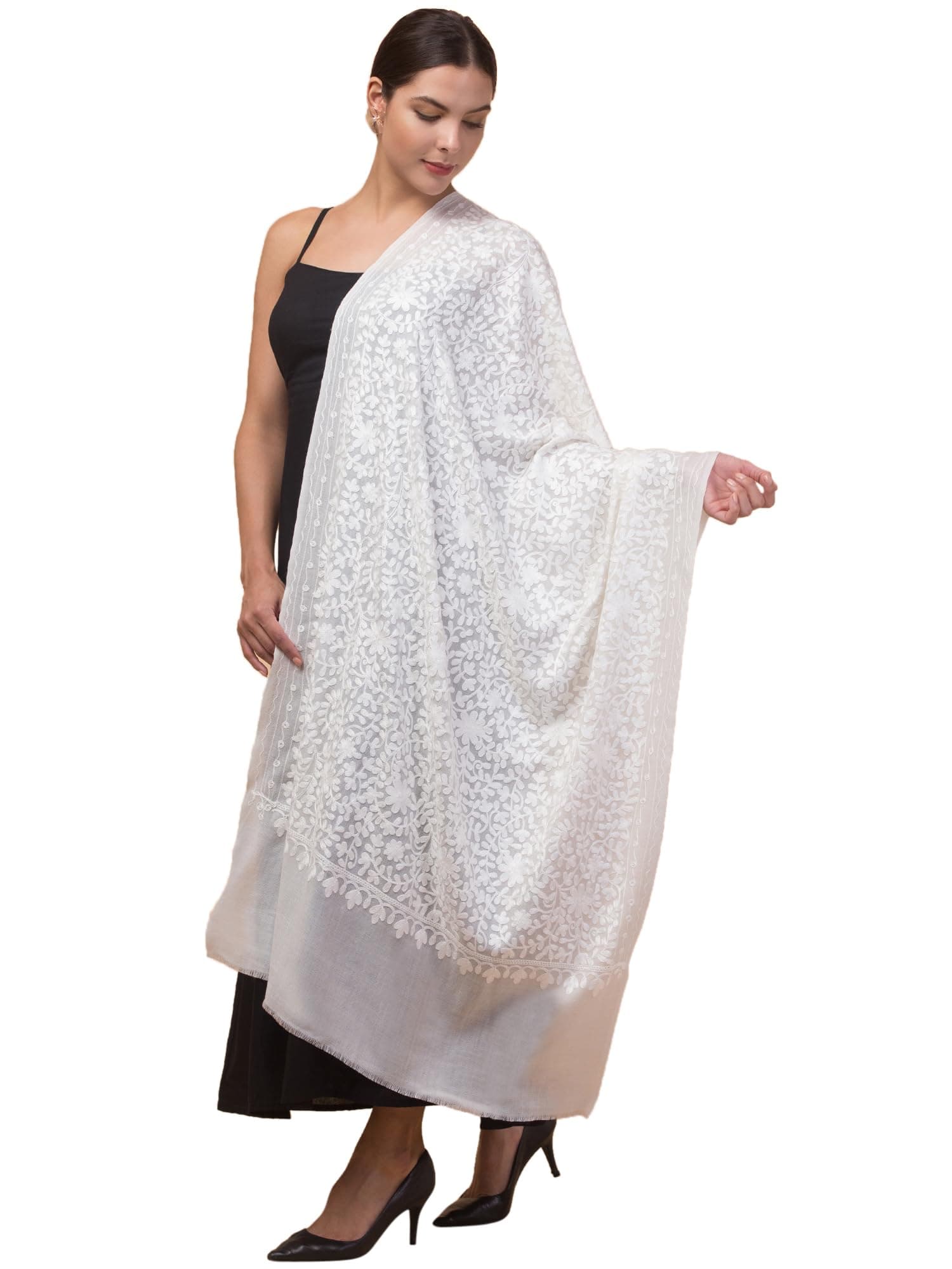tweedle Off-White/Cream Woolen Shawl for Women,Fine Wool Kashmiei Aari Embroidery Stole for Ladies, Medium Size(28x80)