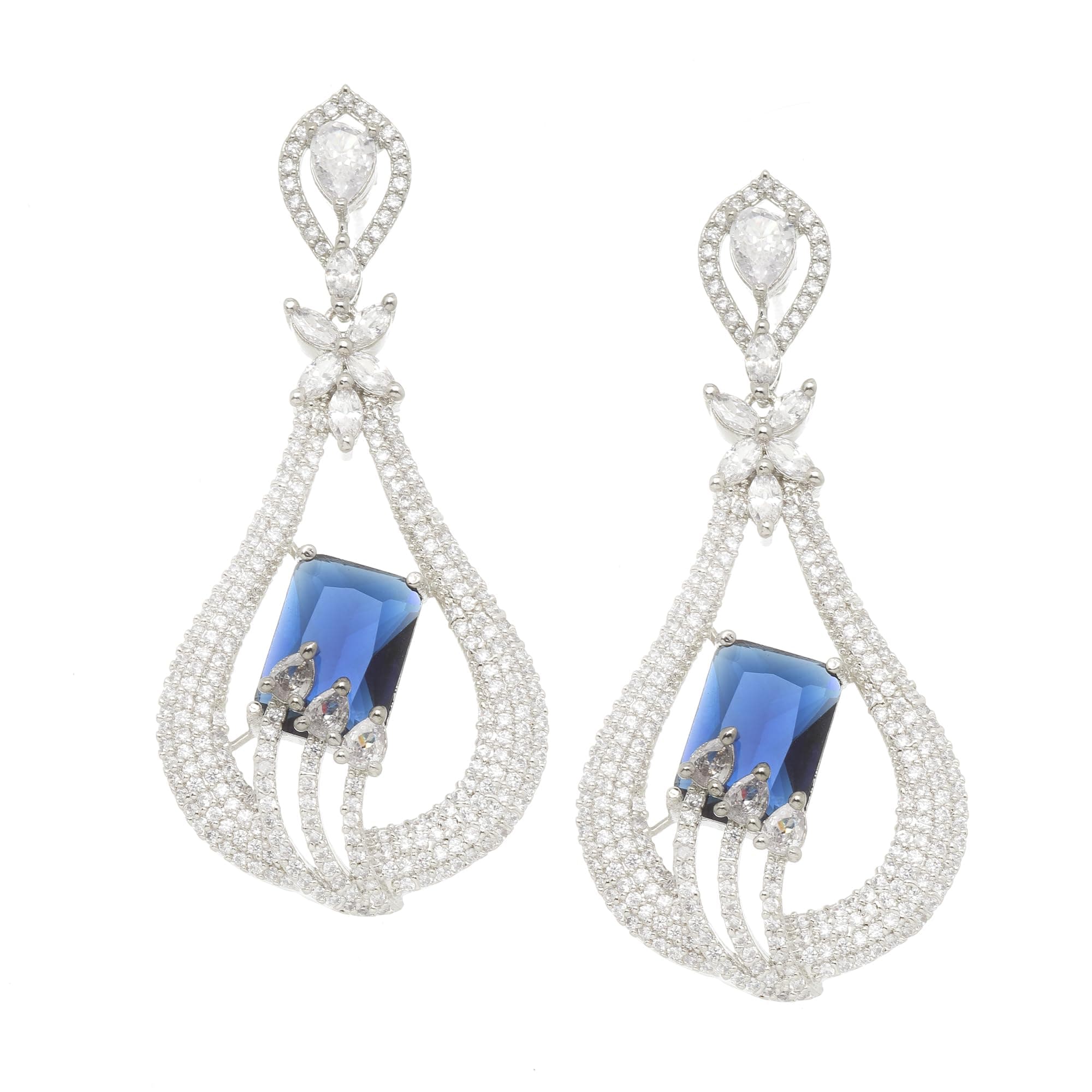 ZENEME Rhodium-Plated American Diamond Studded Handcrafted Quirky Shaped Drop Earrings For Girls and Women