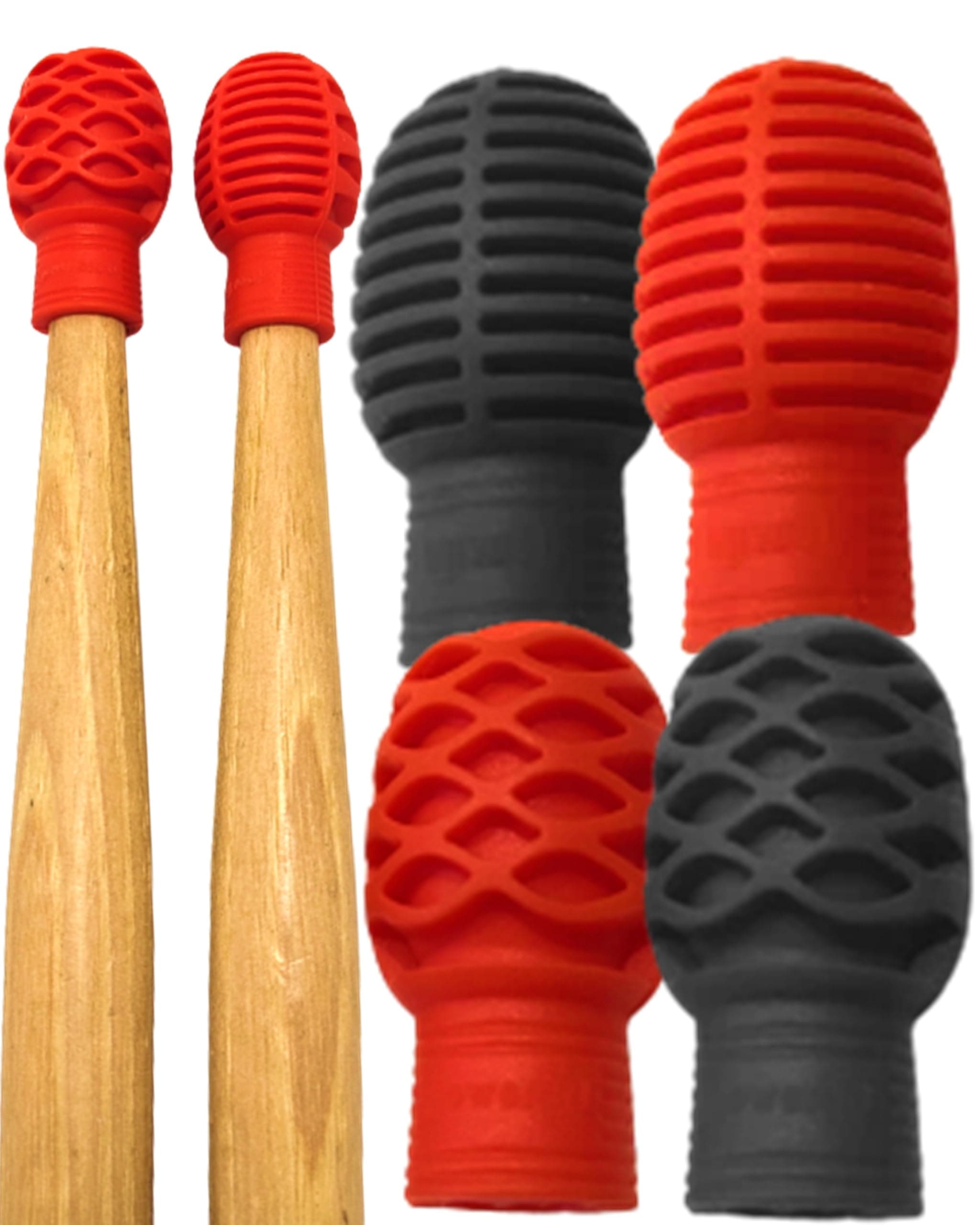 Powered By Rock Drumstick Tips - Silencing Drumming Practice - 4 Pack Red Silicone Drumstick Tips Mute Clacking Sound - Drum Practice Aid