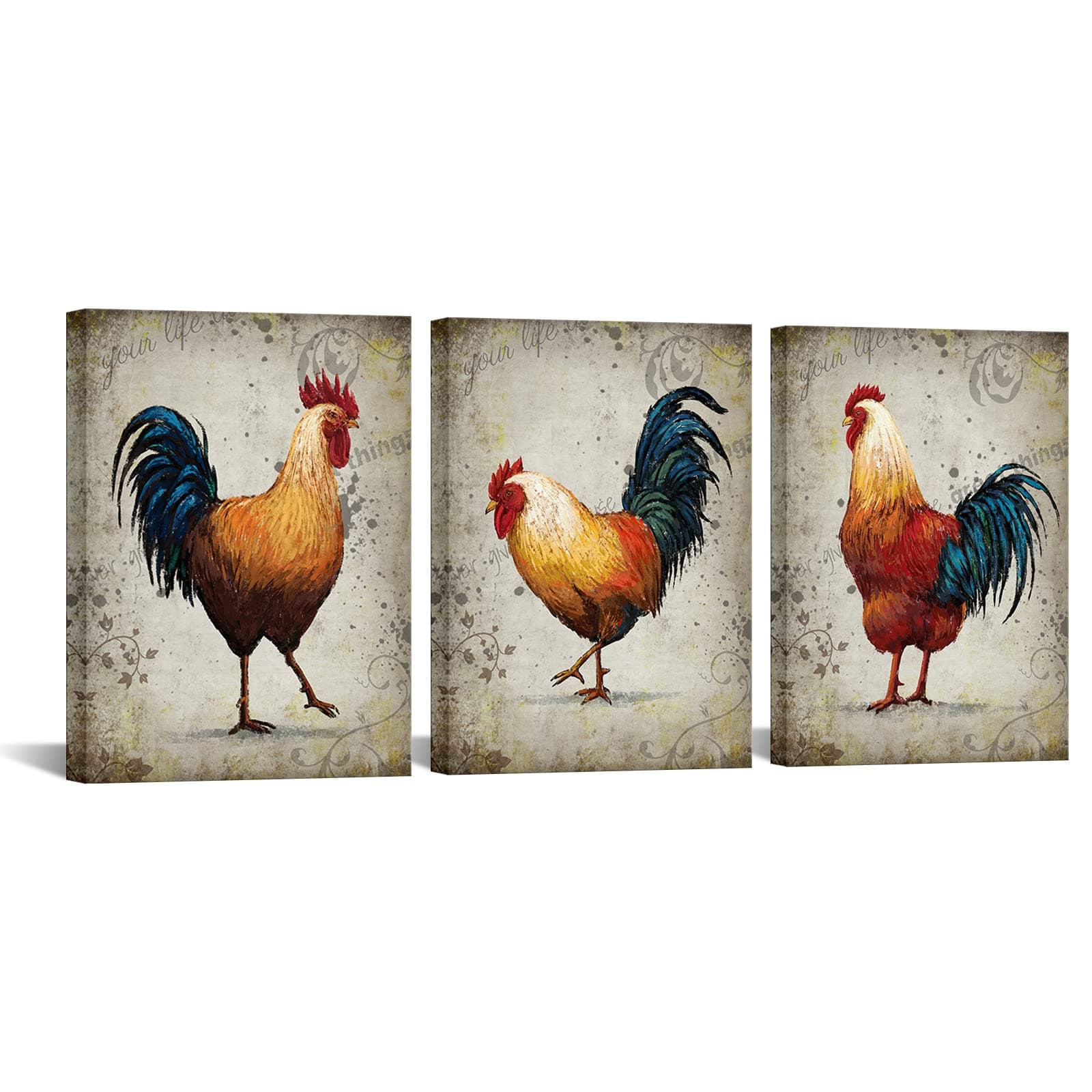 NutArtPic Farm Animal Canvas Chicken Wall Art Hen Rooster Painting Rustic Kitchen Picture Print Farmhouse Chicken Artwork Country Home Dinning Room Decor 12"x16"x3pcs Framed