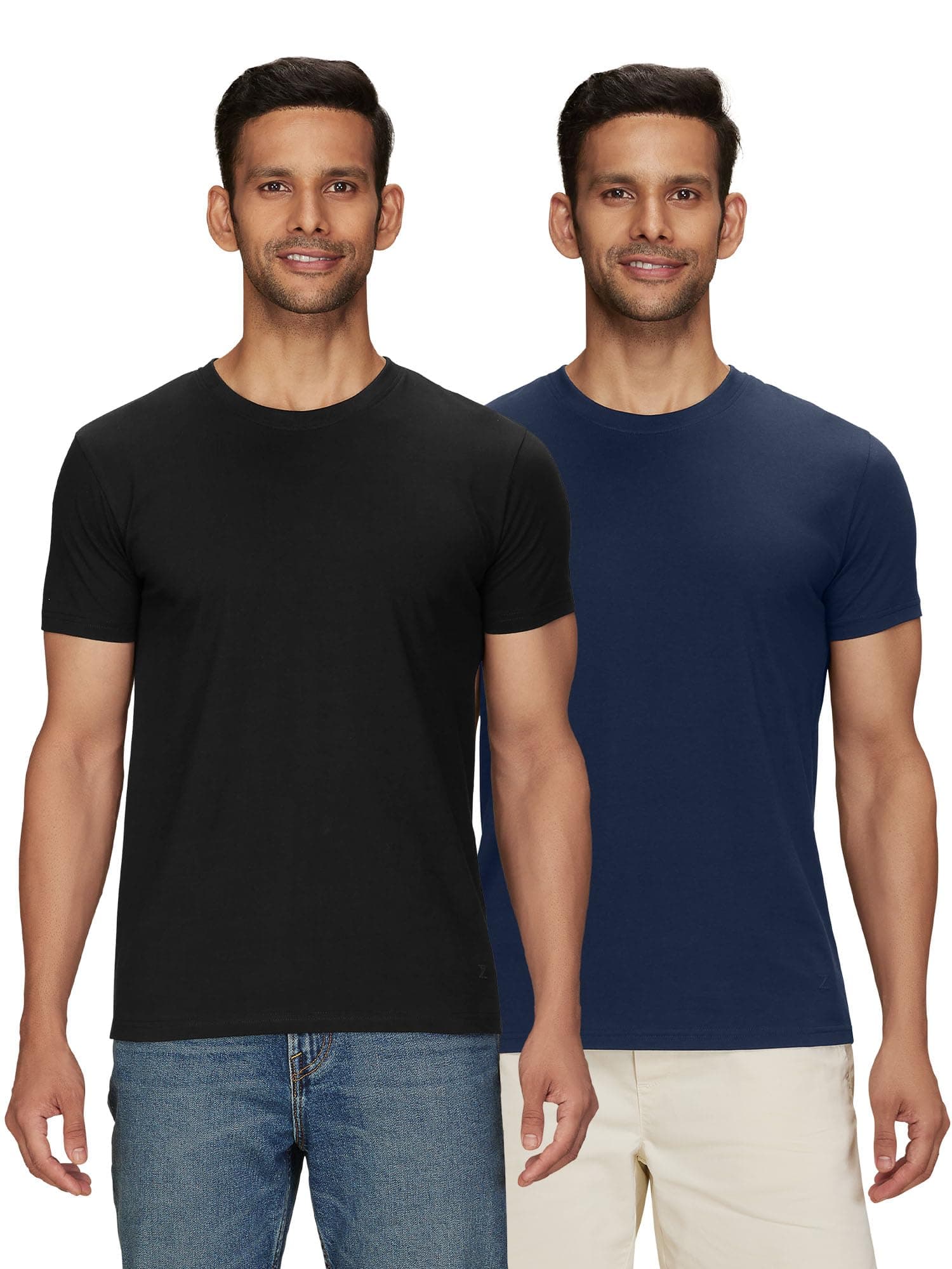 XYXX Men's Solid Regular Fit T-Shirt (XY_CR15_Tshirt_2_Pitch Black+Midnight Blue