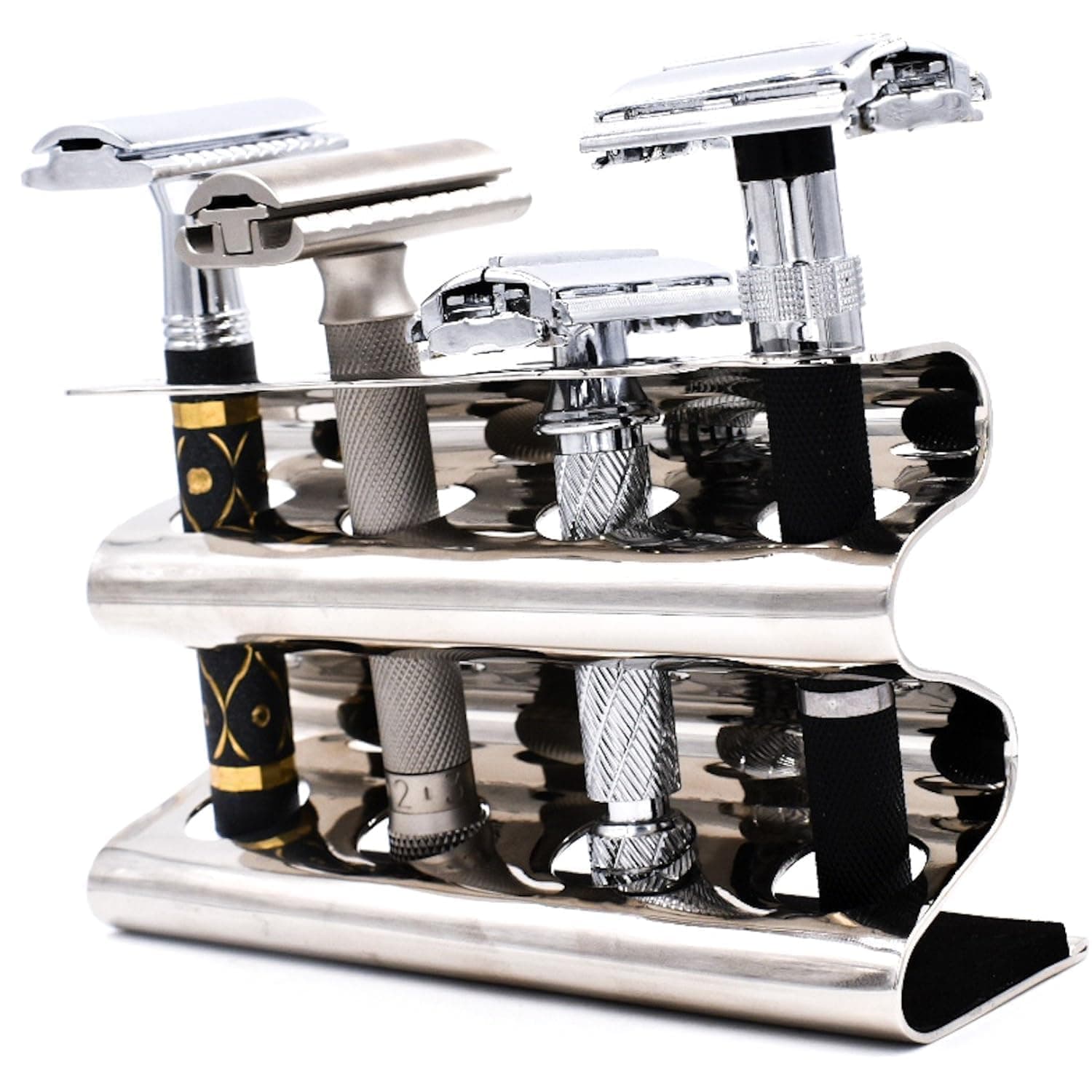 PARKER Safety Razor Double Edge Razor Stand – Solid Brass with Mirror Chrome Finish –Holds 4 Razors – Parker Stand with Padded Base – Excellent Storage for Long Handled Double Edge Safety Razors