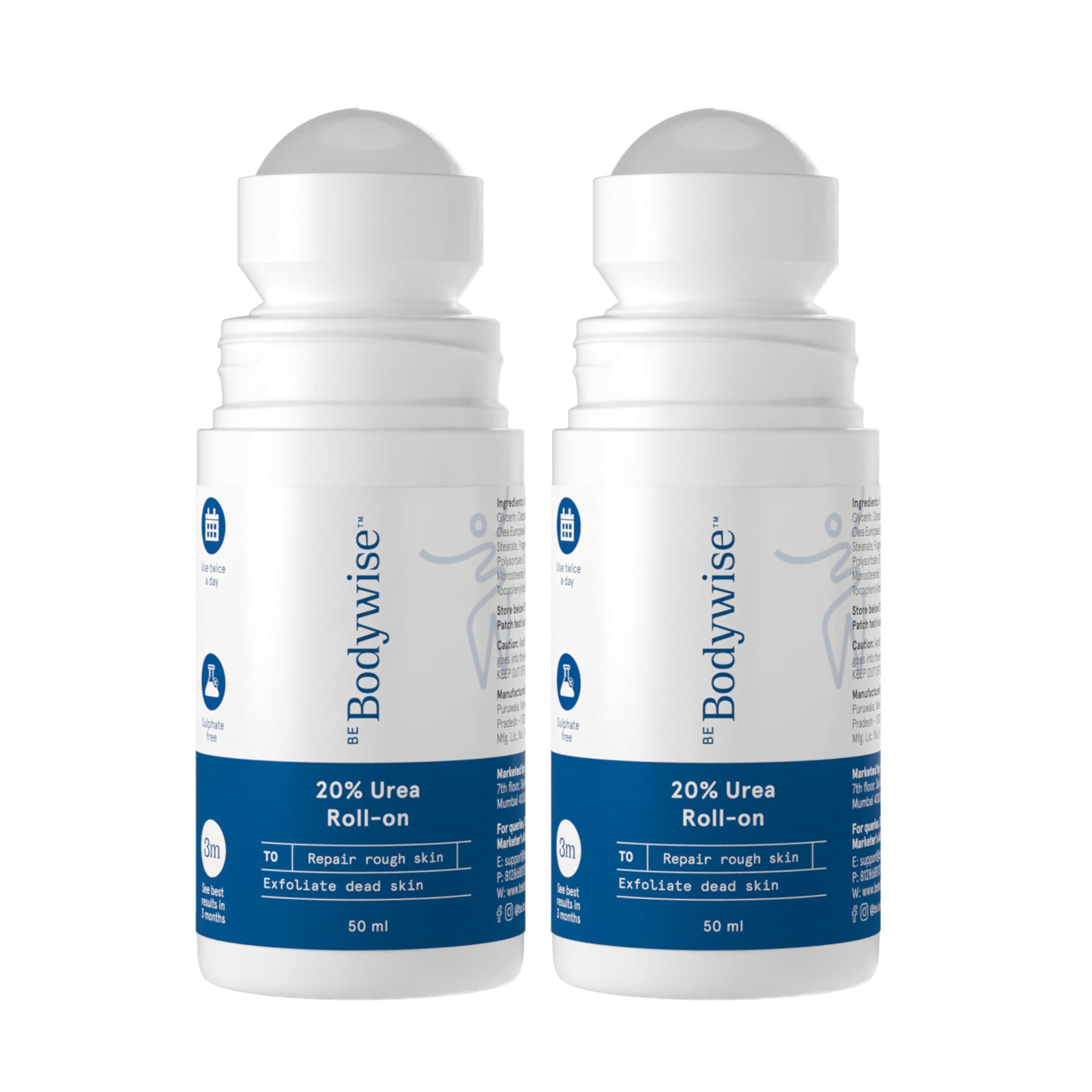 Be Bodywise 20% Urea Foot Cream Roll On 50ml | For Cracked & Dry Heels | With 2% Lactic Acid, Vitamin E & Olive Oil | Helps Moisturise and Repair Cracked Heels | Pack of 2