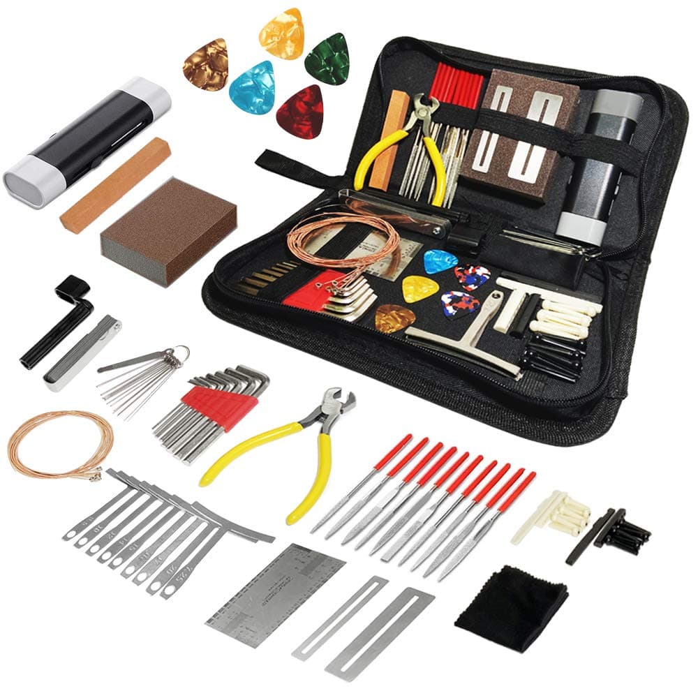72PCS Guitar Tool Kit, Professional Guitar Repairing Maintenance Tool Kit with Guitar Strings Picks Bridge Pins Gauge Guitar Accessories for Acoustic Guitar Electric guitar Ukulele Bass Banjo