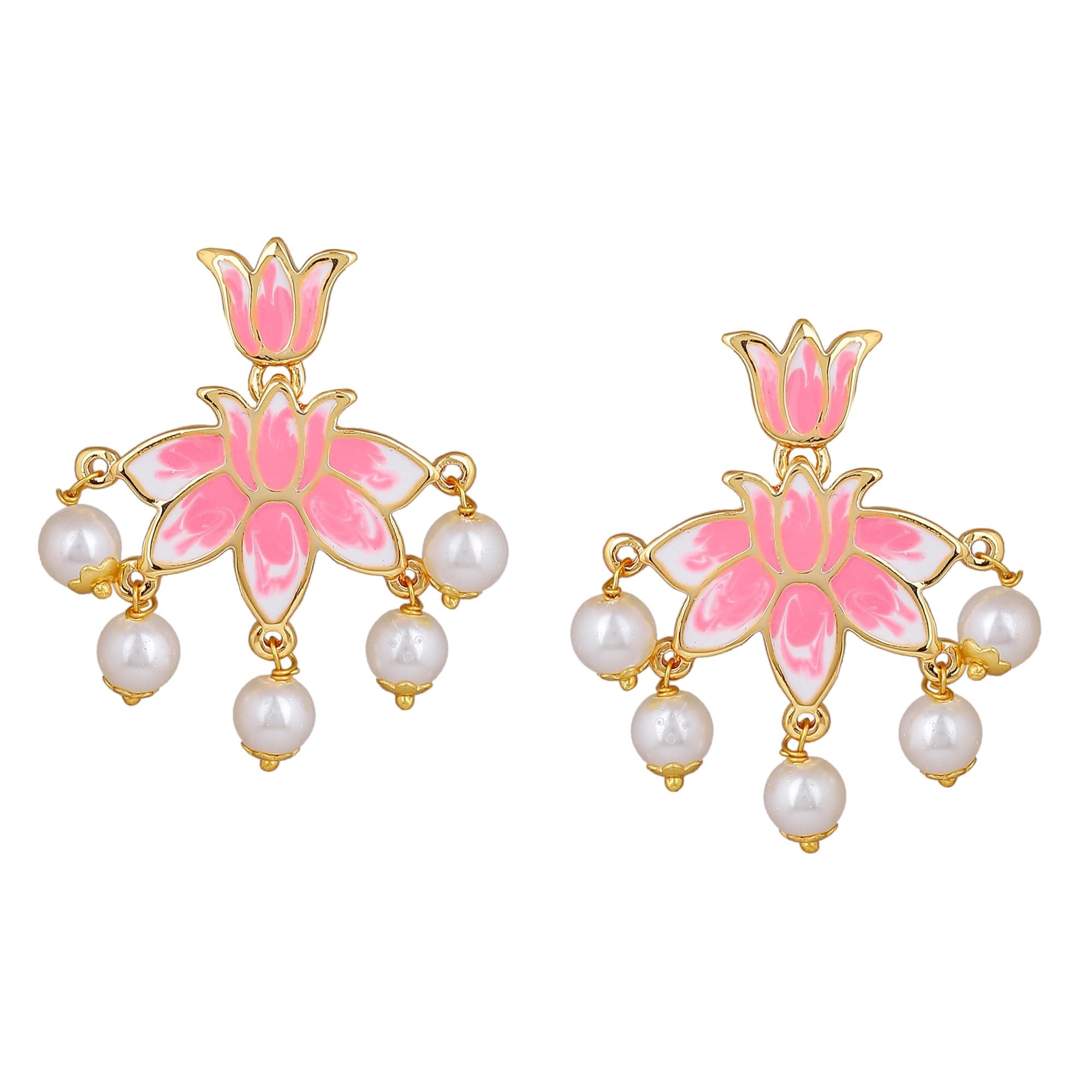 Estele Jewellery Fashion Earrings for Women Gold Plated Lotus Designer Elegant Pink and White Enamel Pearl Drop Earrings Versatile Chic for Women & Girls