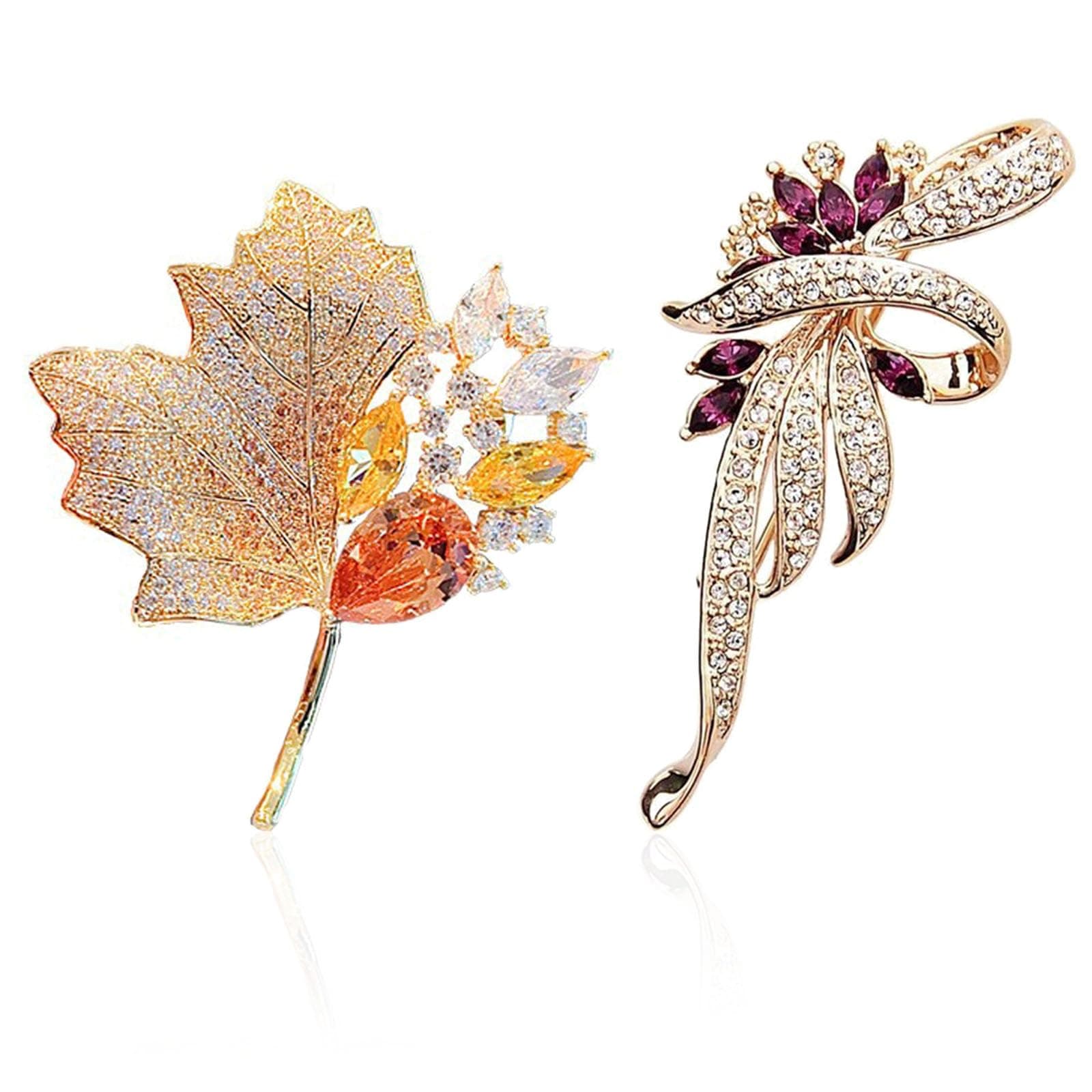 2Pcs Brooch Pin for Women, Gold Maple Leaf and Bauhinia Flower Design, Elegant Saree Pin for Pleats, Women Blazer and Hijab Scarves, Perfect for Parties and Gifts