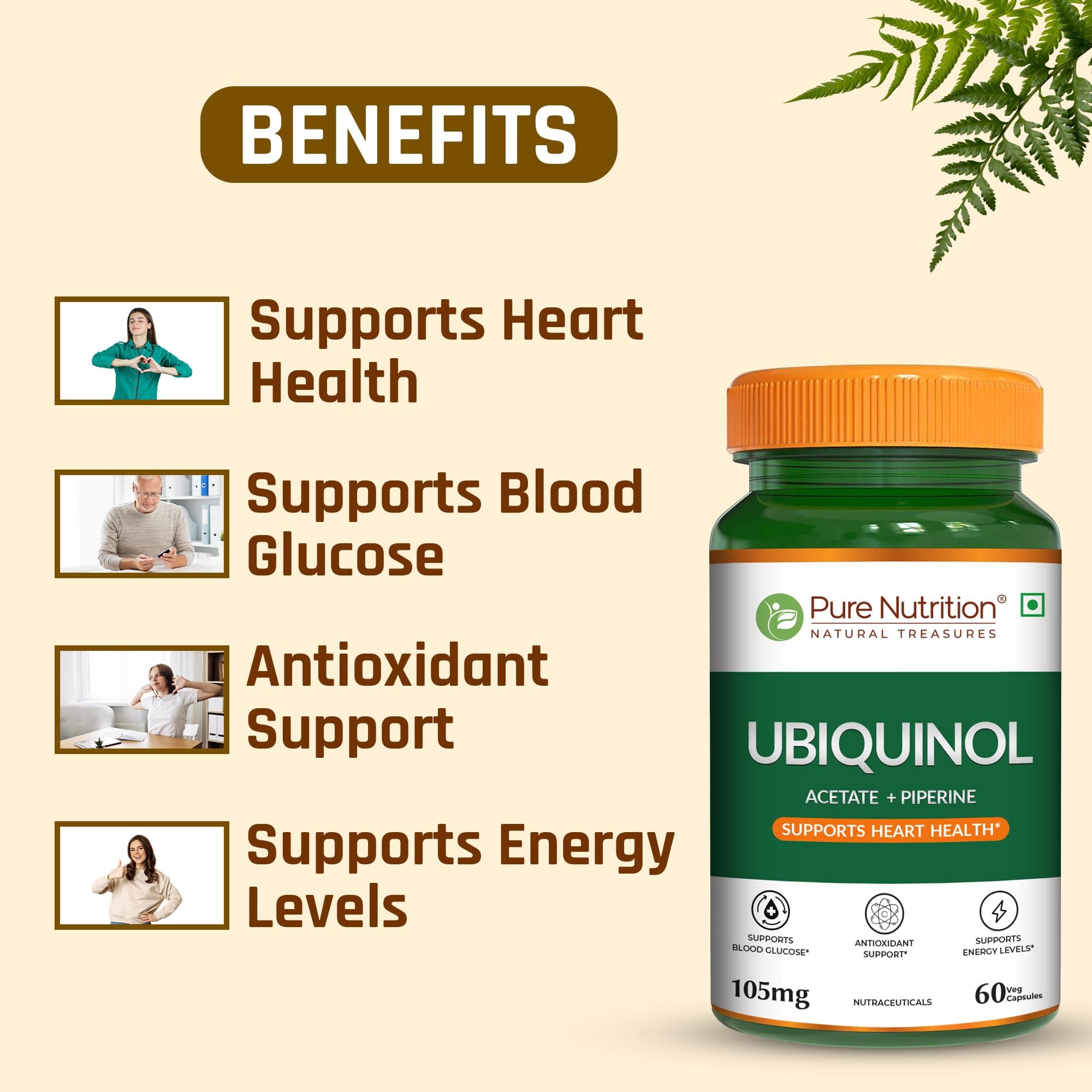 Pure Nutrition Ubiquinol Acetate (105mg) with Piperine – 60 Veg Capsules | Supports Energy, Heart & Vascular Health | Antioxidant & Blood Sugar Support | High Absorption CoQ10 Supplement