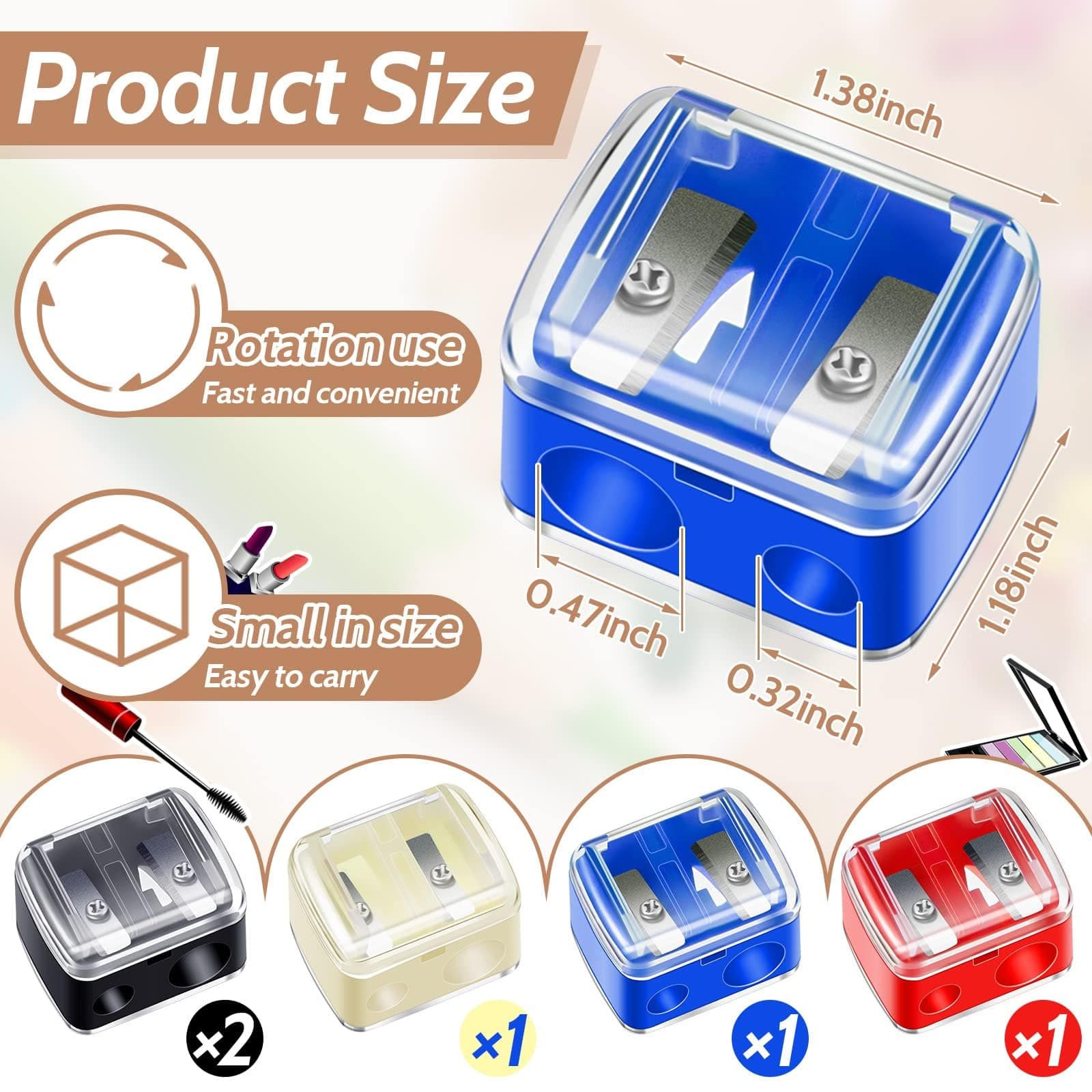 KIRA Makeup Pencil Sharpeners with Cover and Dual Holes Uses for Eyeliner, Lip Pencil, Eyebrow Pencil and Mini Pocket Pencil Sharpener Accessory (Pack of 1) (Multicolour)
