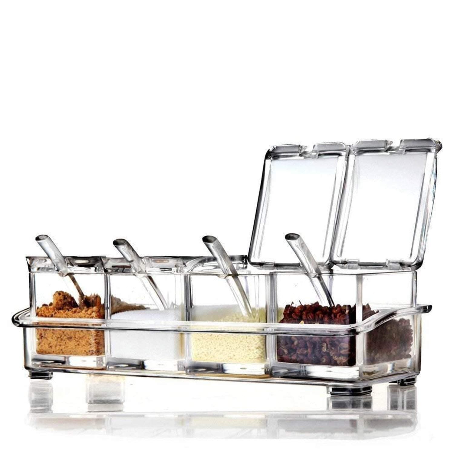 AJB - 4 Piece Acrylic Seasoning Box - Storage Container Condiment Jars - Cruet with Cover and Spoon