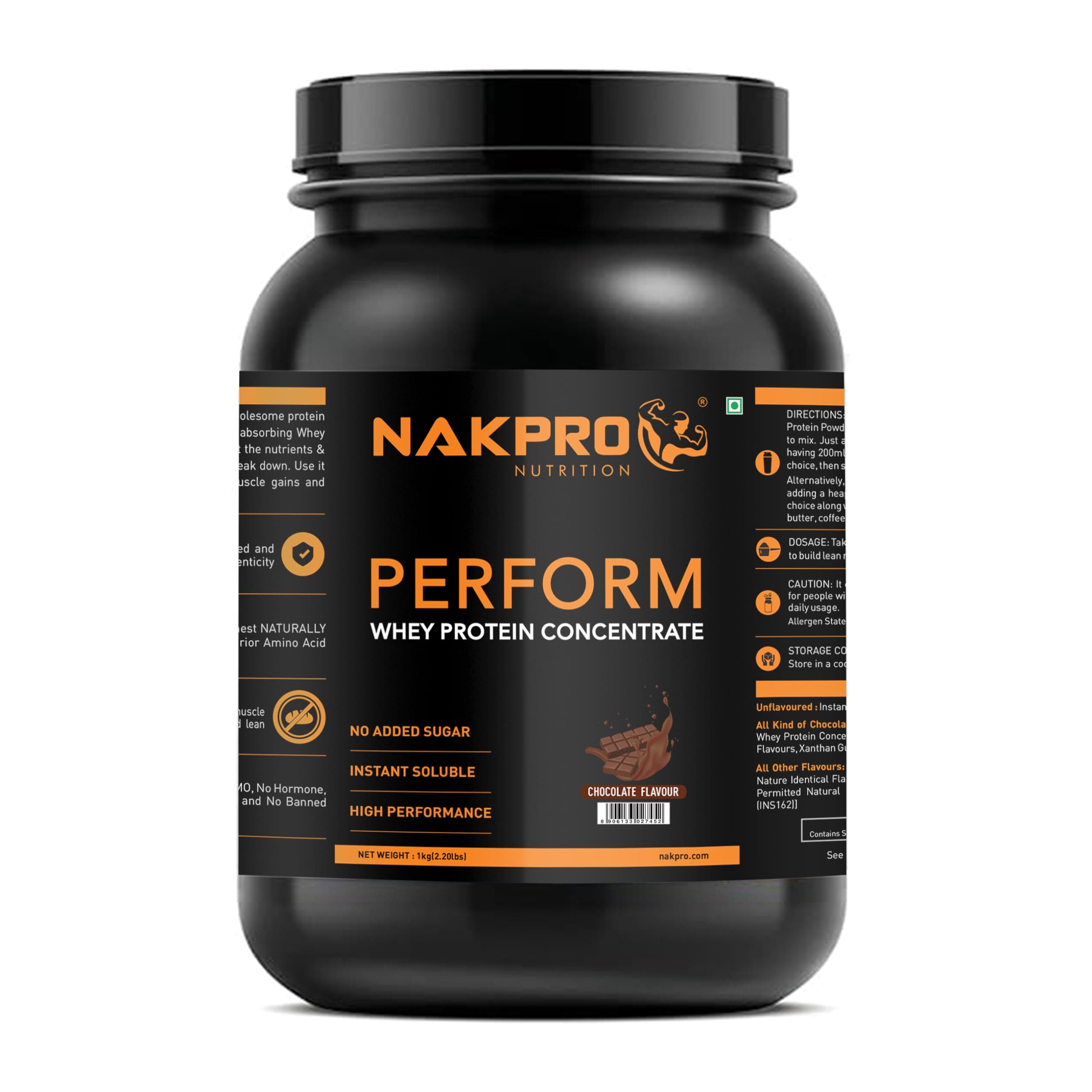 NAKPRO NUTRITION Perform Whey Protein Concentrate | 1kg Chocolate, Jar | 24g Protein, Trustified Certified