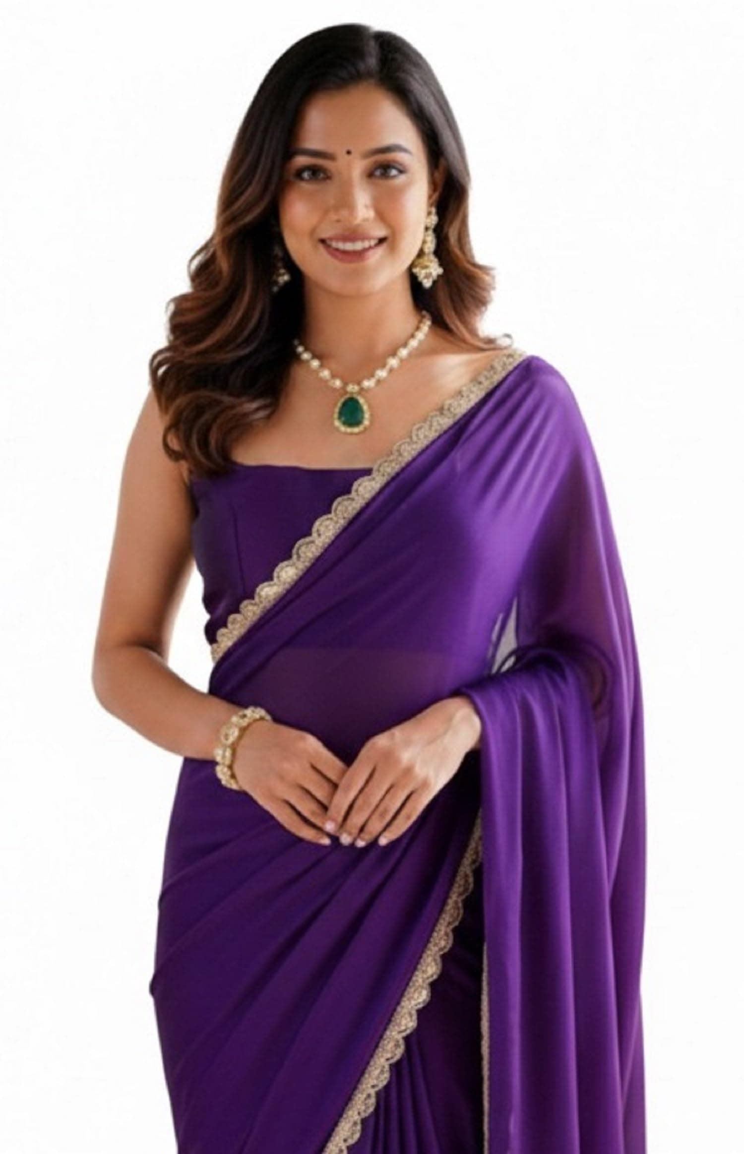 SHOPAZ Ready To Wear Saree For Women Purple Georgette Readymade Stitched Scalloped Border With Unstitched Blouse