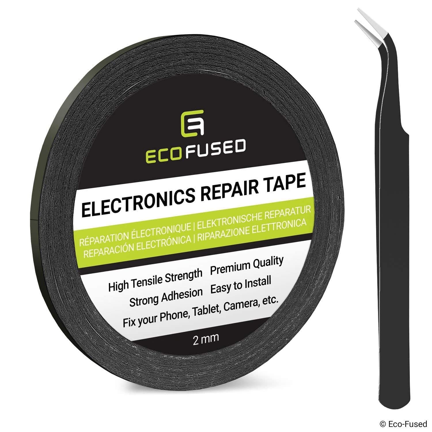 Eco-Fused Adhesive Sticker Tape For Use In Cell Phone Repair - 2Mm Tape - Also Including 1 Pair Of Tweezers Microfiber Cleaning Cloth (Black)
