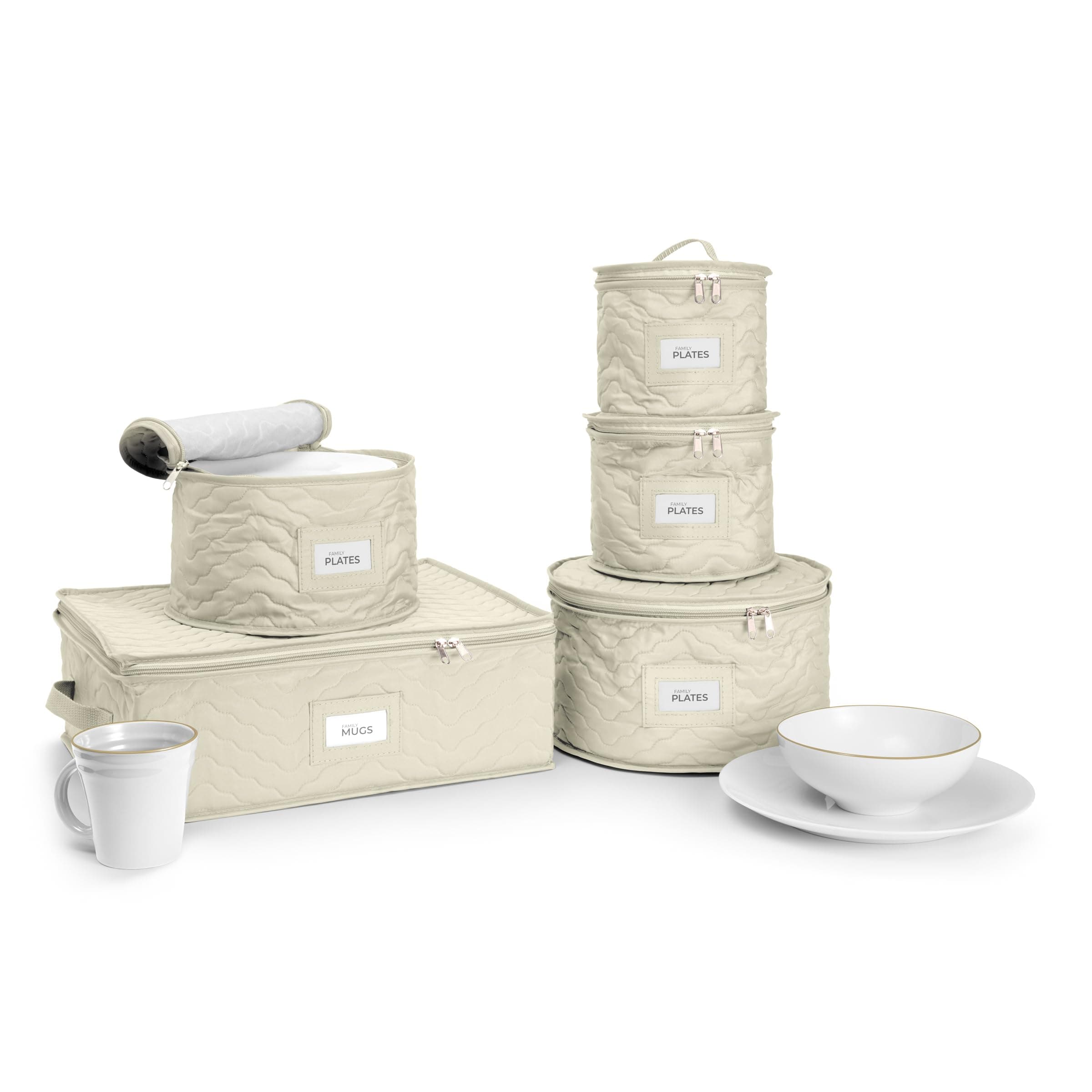 Sorbus Dinnerware Storage 5-Piece Set for Protecting or Transporting Dinnerware - Service for 12 - Round Plate and Cup Quilted Protection, Felt Protectors for Plates, Fine China Case (Beige)