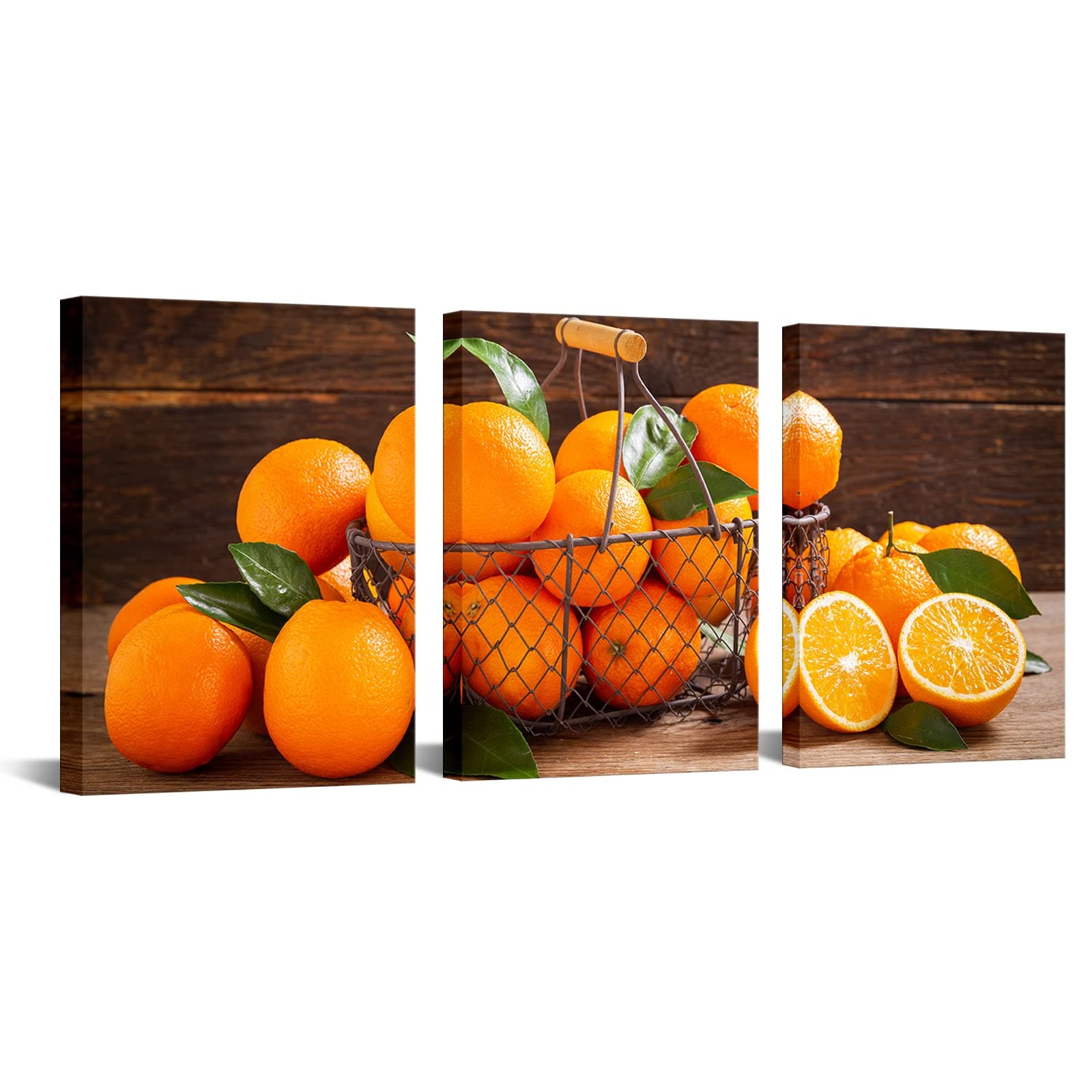 LevvArts 3 Piece Kitchen Fruits Canvas Wall Art Fresh Oranges Picture Painting Vintage Food Artwork for Home Dining Room Decor Framed Ready to Hang (Small)