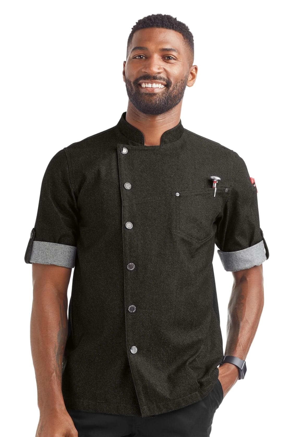 Industry Line Men’s Asymmetrical Denim Chef Coat with Mesh Side Panels (S-3X, Black) (X-Large)