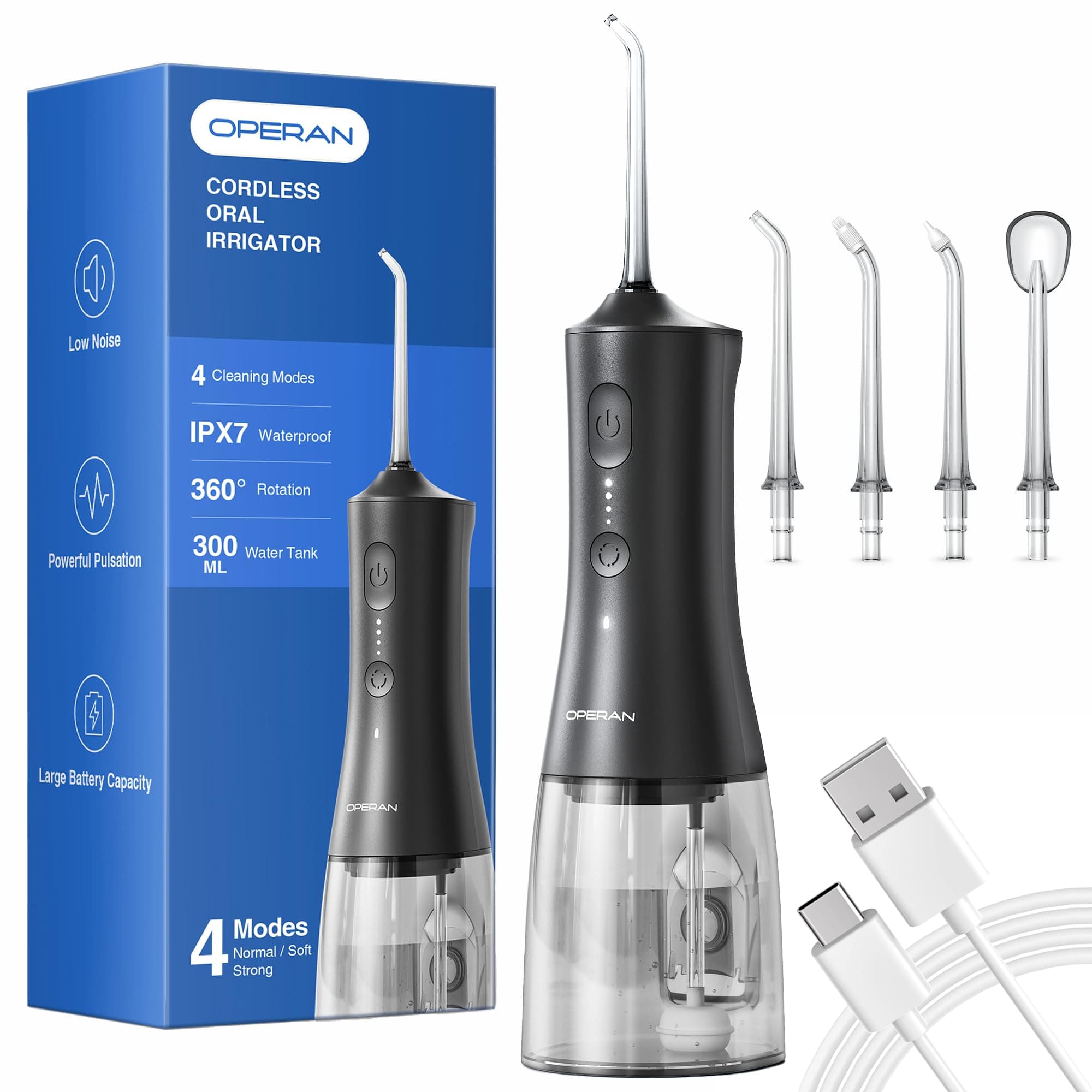 Operan Water Picks, 4 Modes Travel Water Flosser Kit with 4 Tips, 300ml Portable Cordless Water Flosser for Teeth and Braces Care, Black, 1 Pack