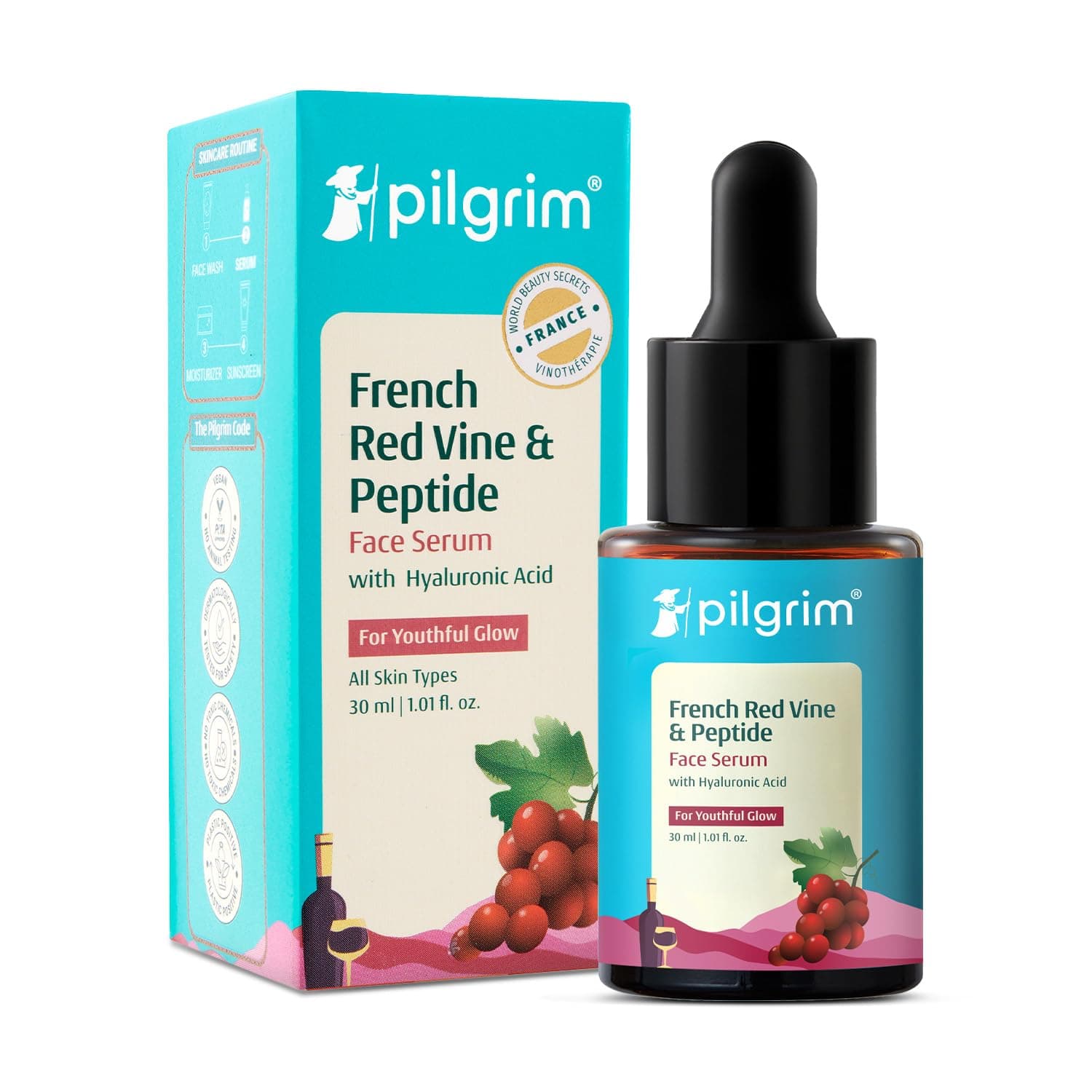 PILGRIM French Red Vine & Hyaluronic acid serum with peptides | Red vine serum for face| For women & men | All skin types | 30 ml (packing may vary)