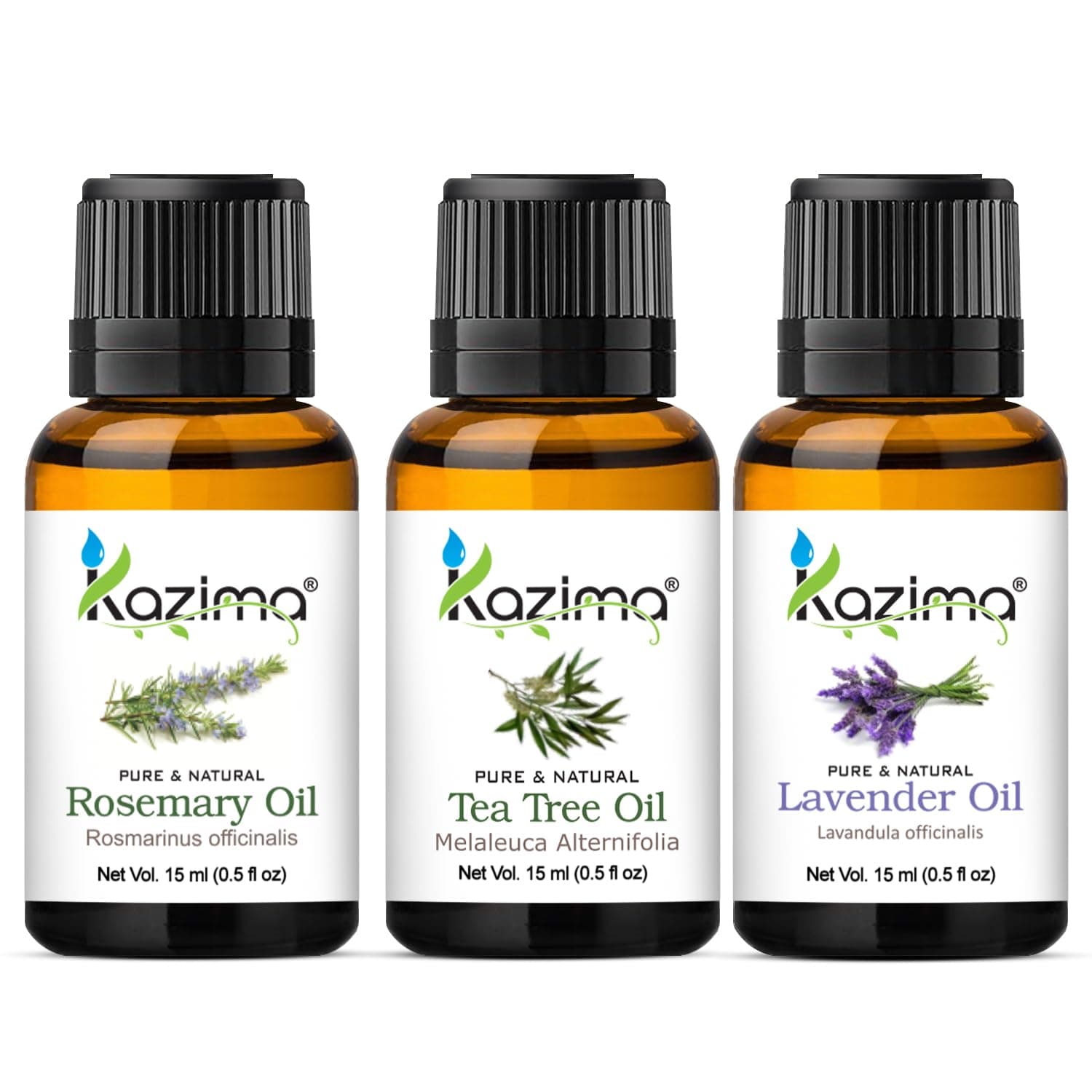 KAZIMA Rosemary, Lavender & Tea Tree Essential Oil Combo | Pure & Natural Essential Oils for Hair, Face & Skin Care | Aromatherapy Oil for Diffuser, Humidifier, Massage, DIY Beauty, Home Fragrance & Wellness | 15 ml Each (Pack of 3)
