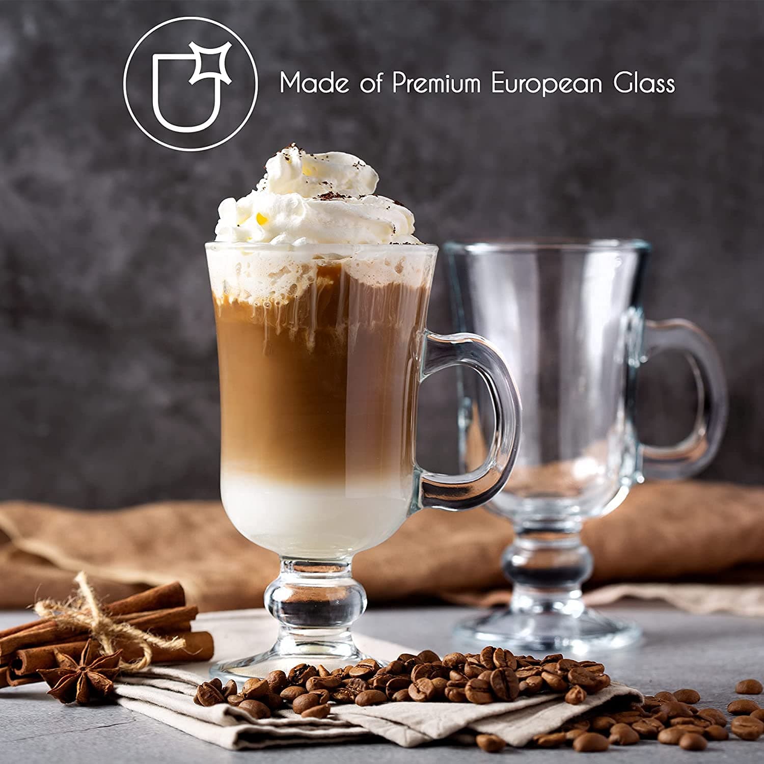 WRINGO Irish Coffee Mug Tall Glass, Latte Cups, Cappuccino and Hot Chocolate Mugs with Handle, Clear Glass, Zero Lead