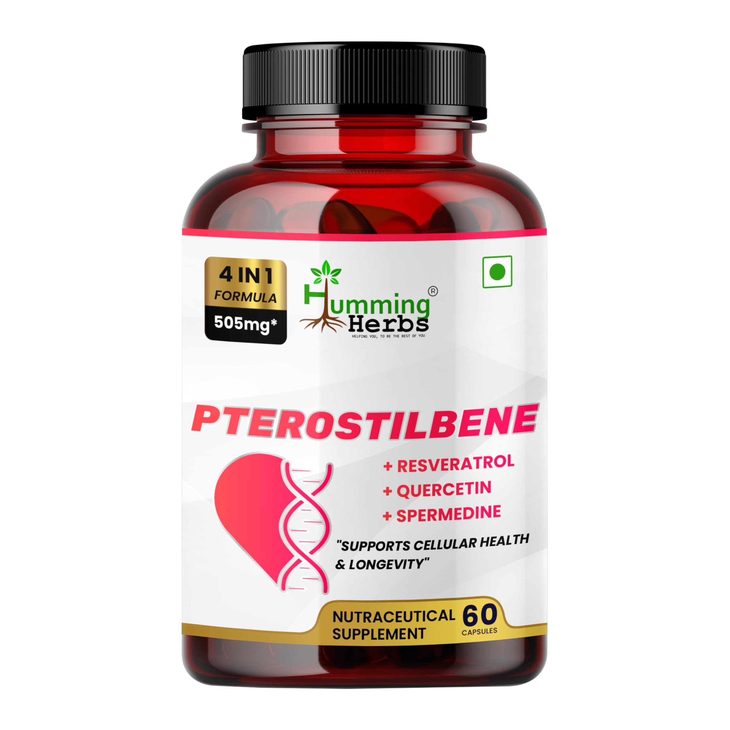 Humming Herbs Pterostilbene 4in1 – 505 mg – 60 Veg Capsules – Pterostilbene, Trans-Resveratrol, Quercetin, Spermidine – Cellular Health & Longevity Support