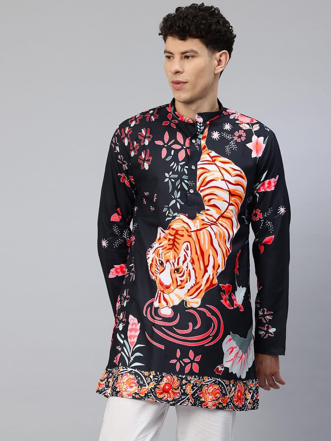 Luxrio Men's Cotton Blend Abstract Jungle Printed All Over Textured Long Kurta Full Sleeves - Casual Ethnic Wear