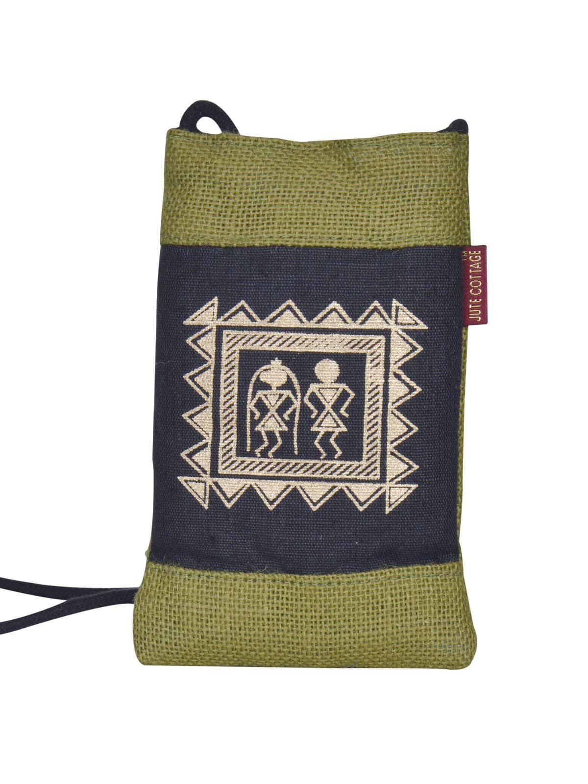 Jute Cottage Eco-friendly Mobile Sling Jute Bag for Women | Green 7.5"X4.5" | Stylish Warli Print Design | Perfect for Carrying Daily Essentials for Office | Durable, Sustainable