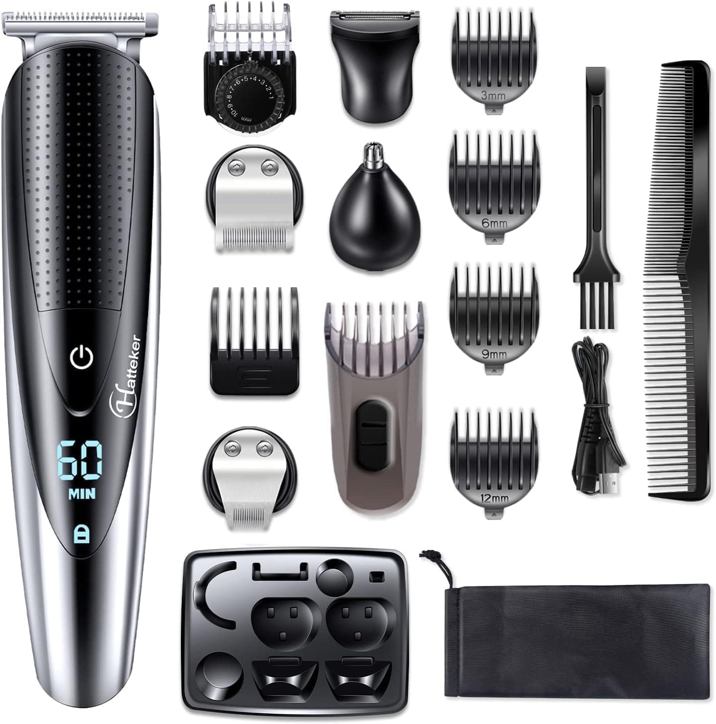 Hatteker Mens Beard Trimmer Grooming Kit Hair Trimmer Mustache Trimmer Body Groomer Trimmer For Nose Ear Facial Hair Cordless Waterproof 5 In 1,Black
