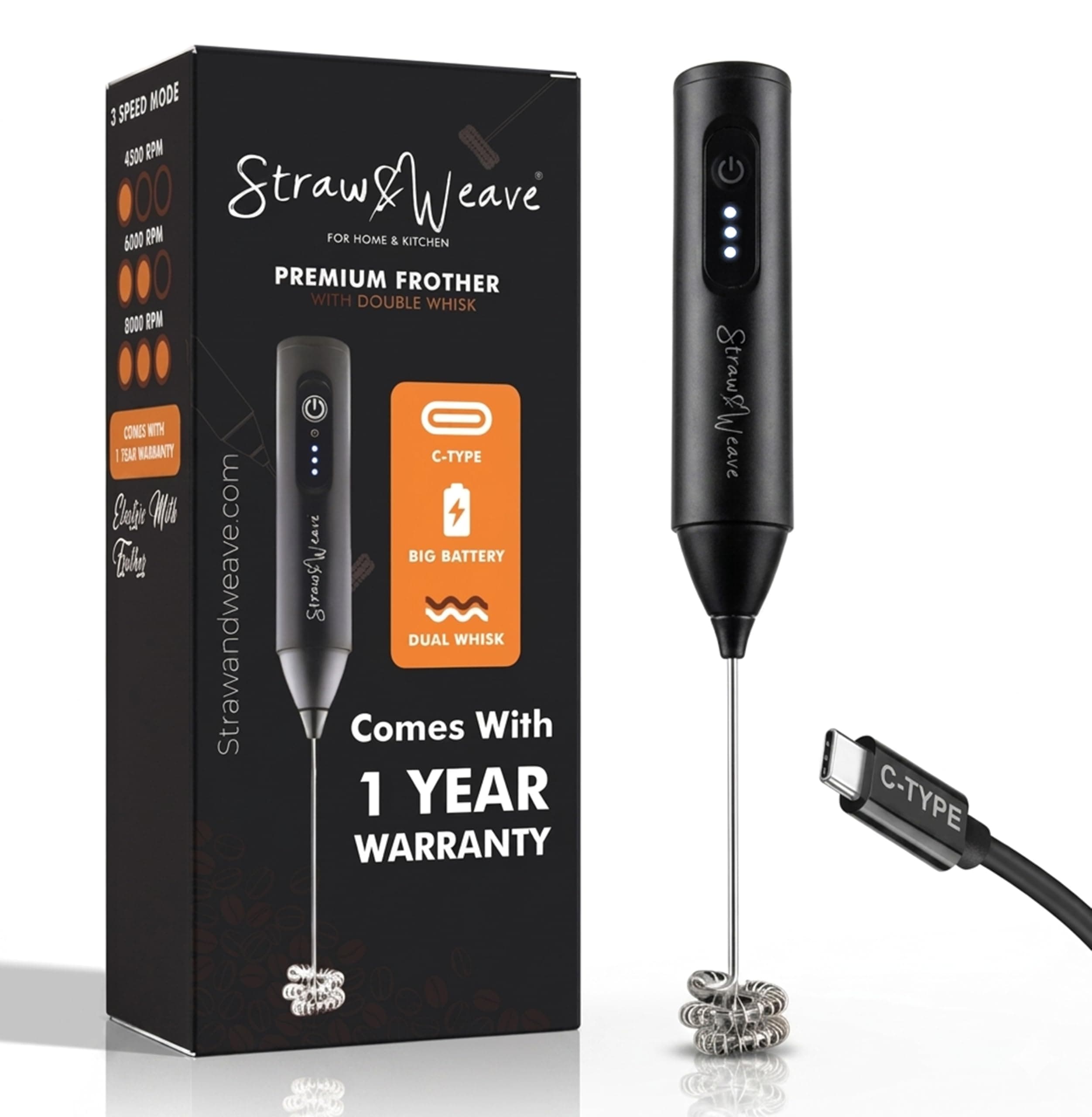 Coffee Frother Electric with Double Whisk | C Type Rechargeable Coffee Maker Machine for Home | 1 Year Warranty | Free Coffee Blender Recipe Book | Big Battery 1 Charge = 15 Days Use