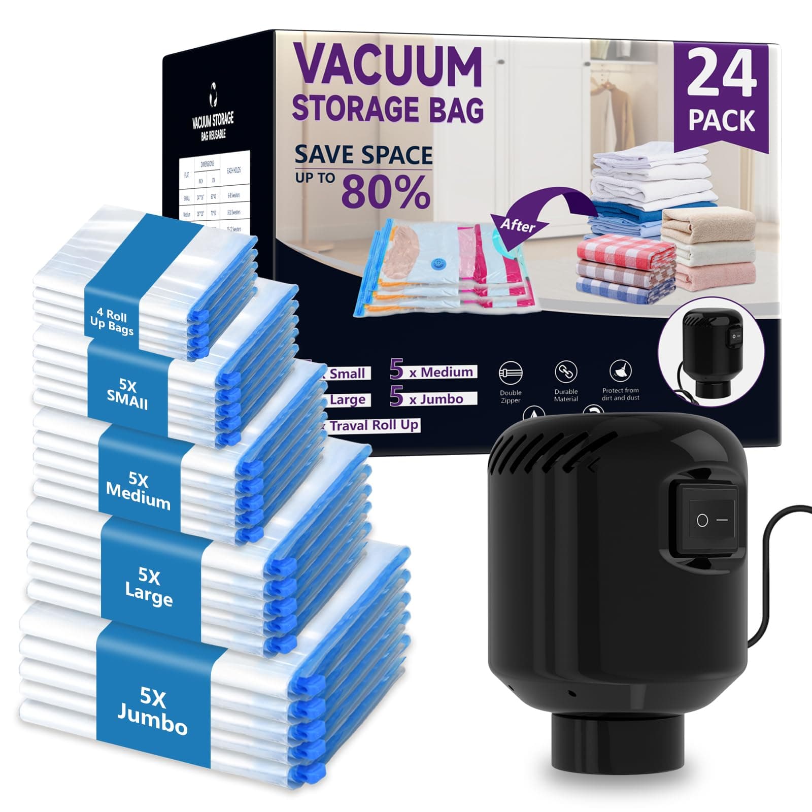 MORECOO 24 Pack Vacuum Storage Bags with Electric Pump - Reduce Volume by 80%, 5 Sizes for Clothes & Bedding, Airtight Waterproof Seal, Space Saver Compression Bags for Travel & Home Organization
