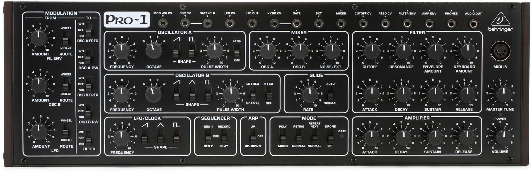 Behringer PRO-1 Analog Synthesizer with Dual VCOs, 3 Simultaneous Waveforms, 4-Pole VCF, Extensive Modulation Matrix, 16-Voice Poly Chain and Eurorack Format Black