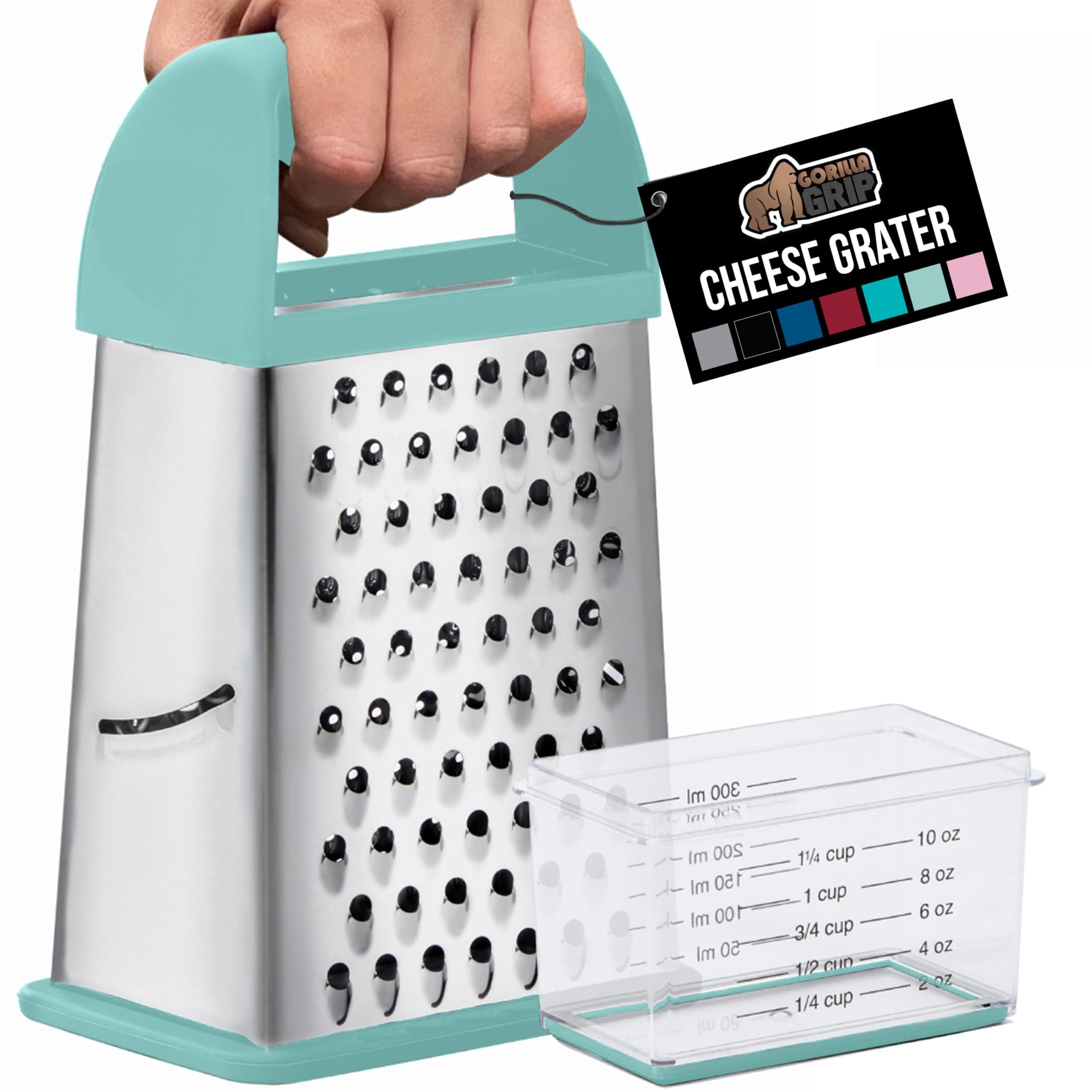 Gorilla Grip Box Grater, Stainless Steel, 4-Sided Graters with Handle for Cheese, Vegetables, Ginger, Handheld Food Shredder, Detachable Storage Container with Lid for Kitchen, 10inch, Mint