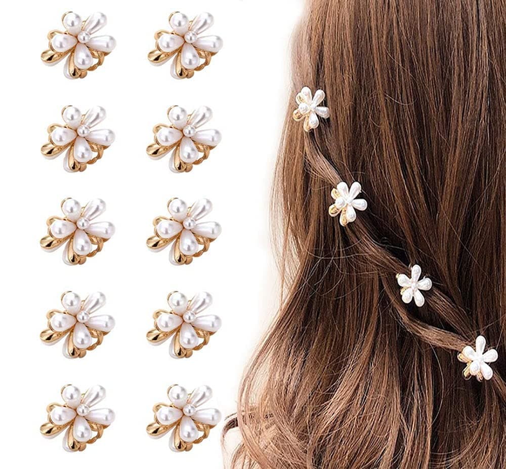 RedChimes Korean Style Small Pearl Mini Hair Claw Clips with Flower Design, Sweet Artificial Decorative Hair Accessories for Women's Girls Pack of 10 Pcs