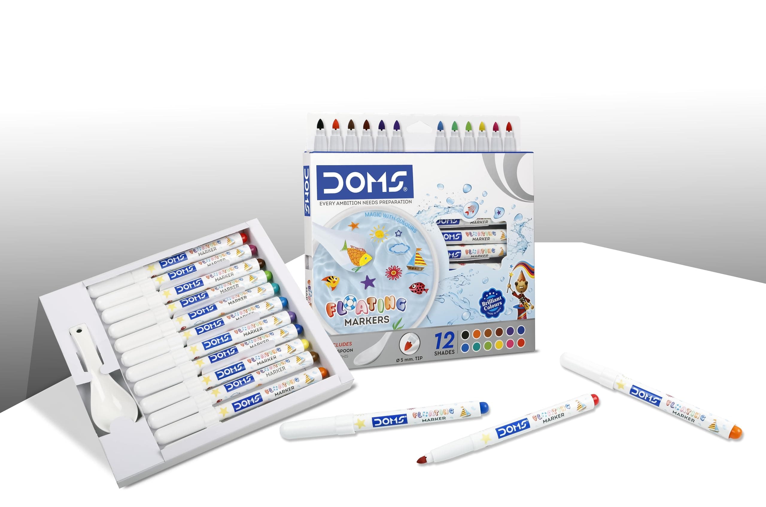 Doms Floating Markers 12 Shades| 5 Mm Medium Tip & Includes 1 Ceramic Spoon For Unlimited Fun| Draw On Ceramic Spoon, Slowly Dip It In Water & Watch The Characters Floating, Multicolor