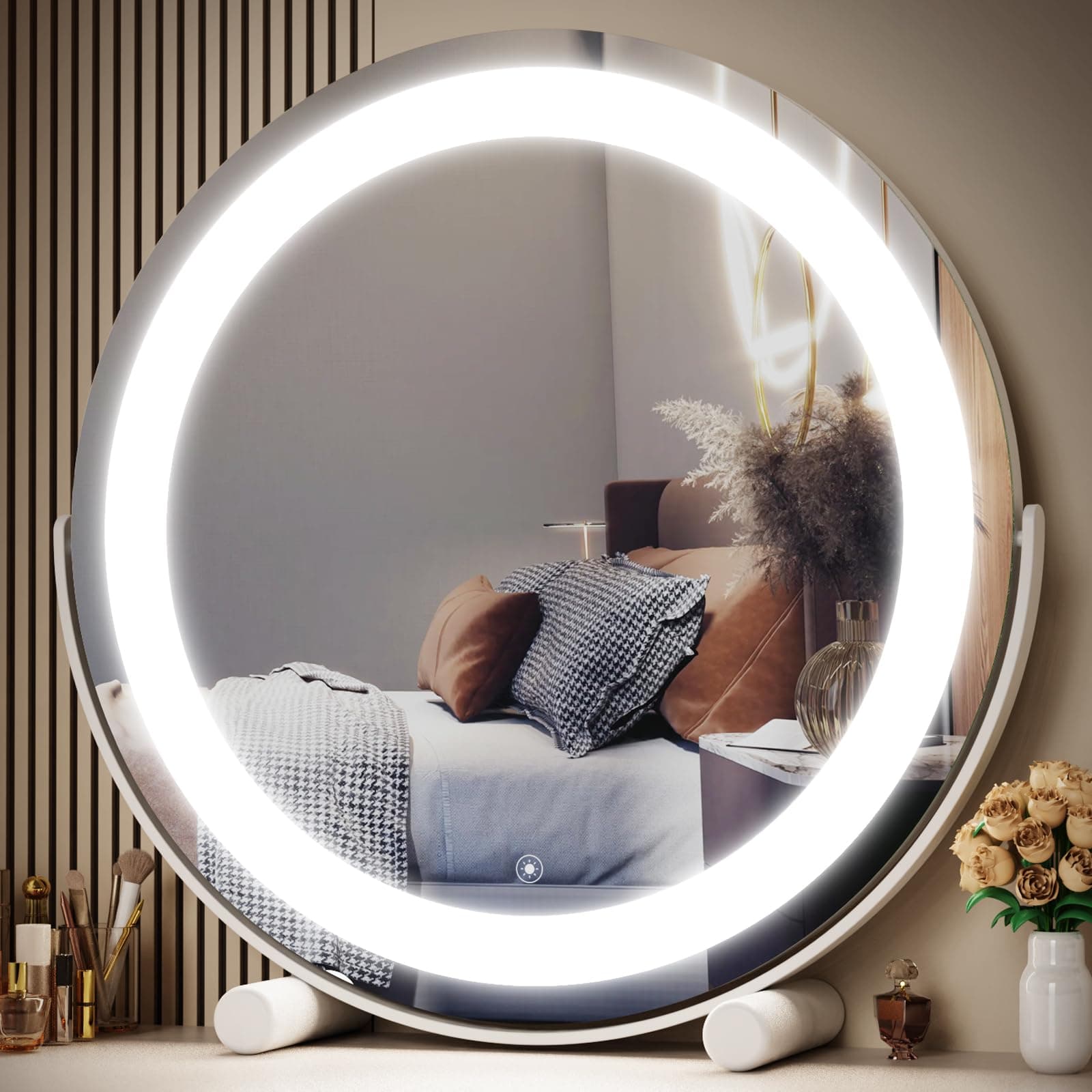Gvnkvn 12" Round Vanity Mirror, LED Lights, Smart Touch 360°Rotation, Dimmable White