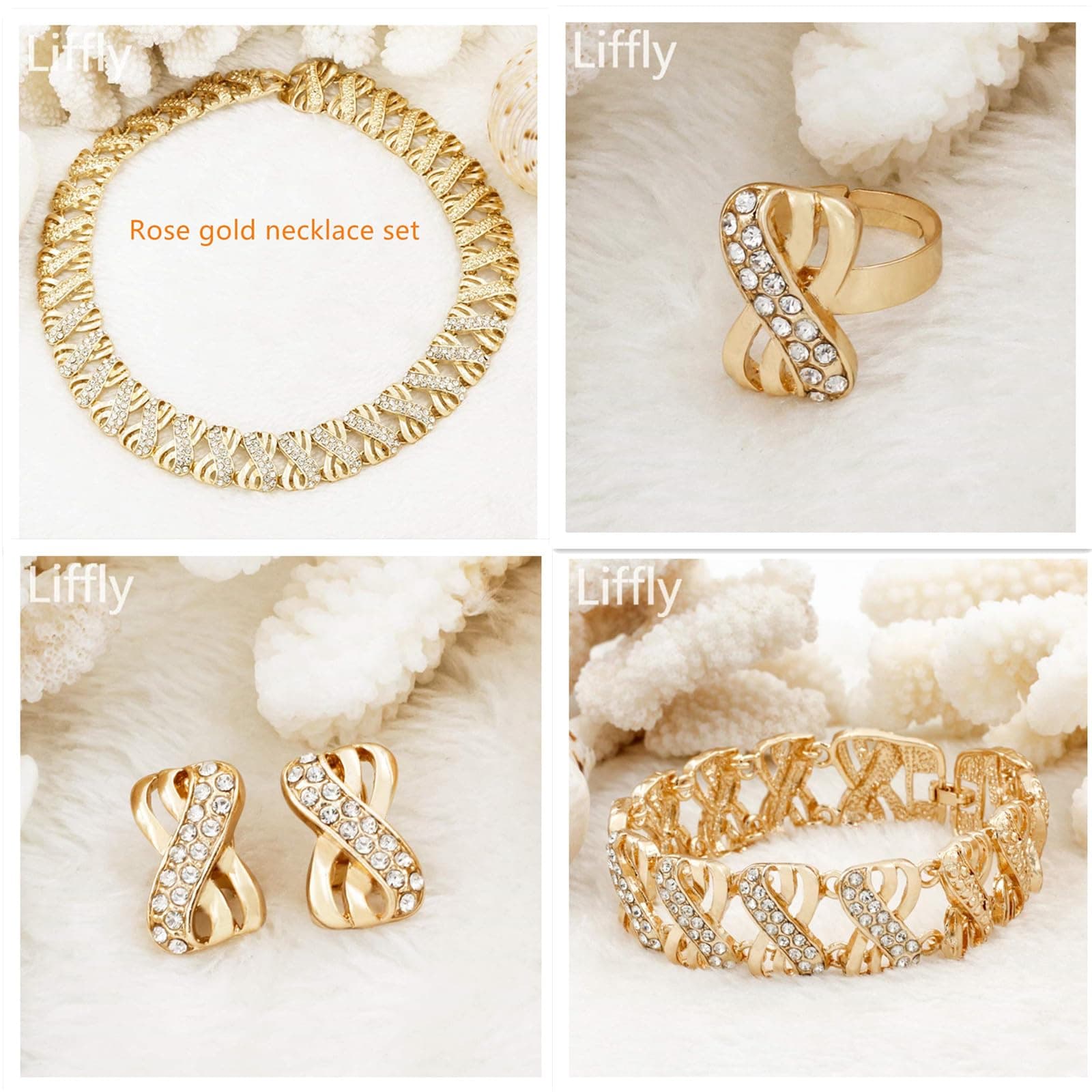 Liffly Fashion Crystal Jewelry Set 18 K Gold Plated Jewelry Dubai Gold Necklace Earrings Set
