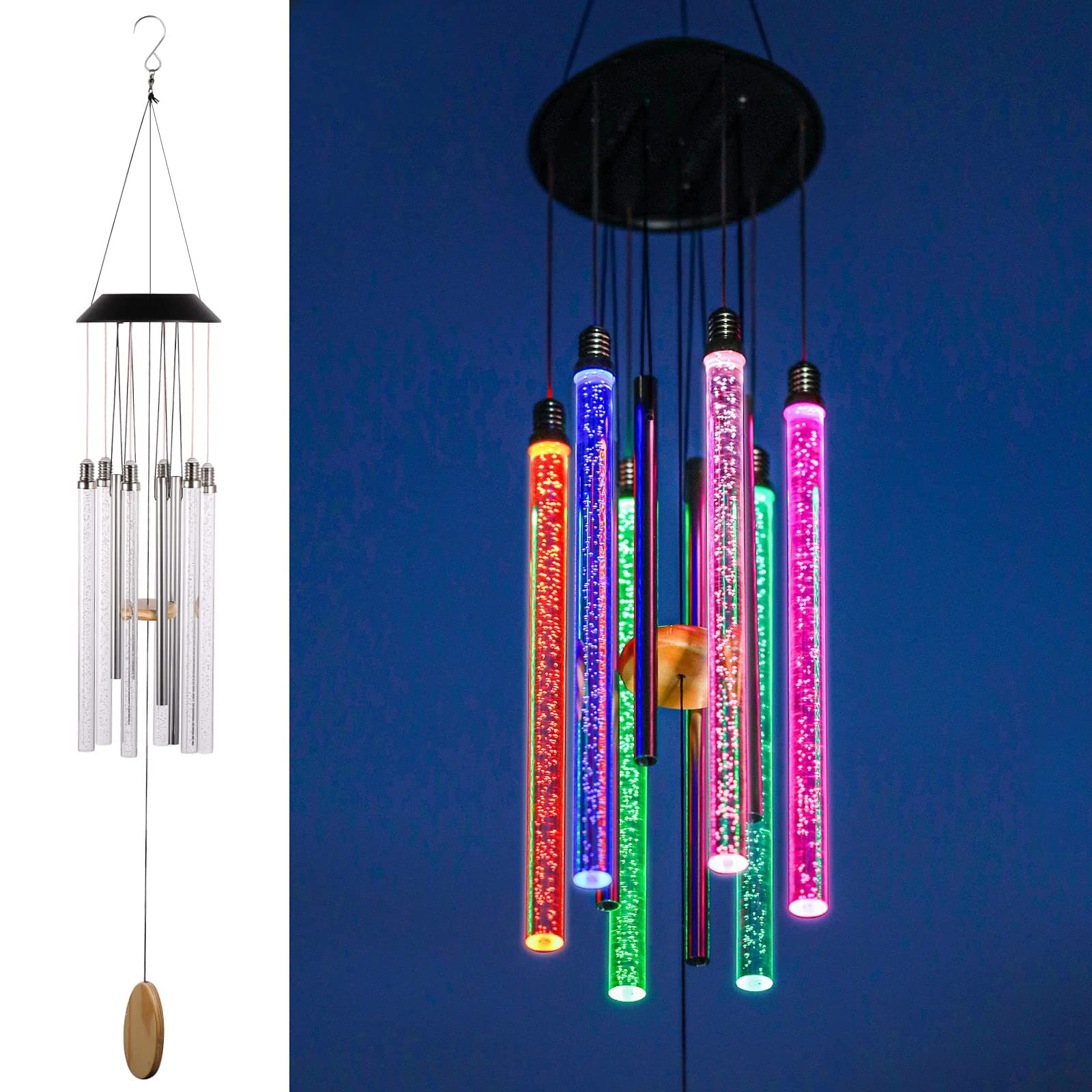 DesGully Solar Wind Chimes for Outside, 6 LED Light Bars Color Changing, 37" Long