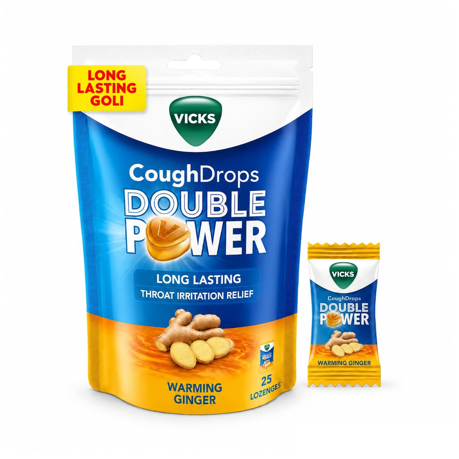 Vicks Cough Drops Double Power (Bag Of 25) Big Drops With Ayurvedic Mix For Fast Relief From Throat Irritation & Cough. Warming Ginger Flavor