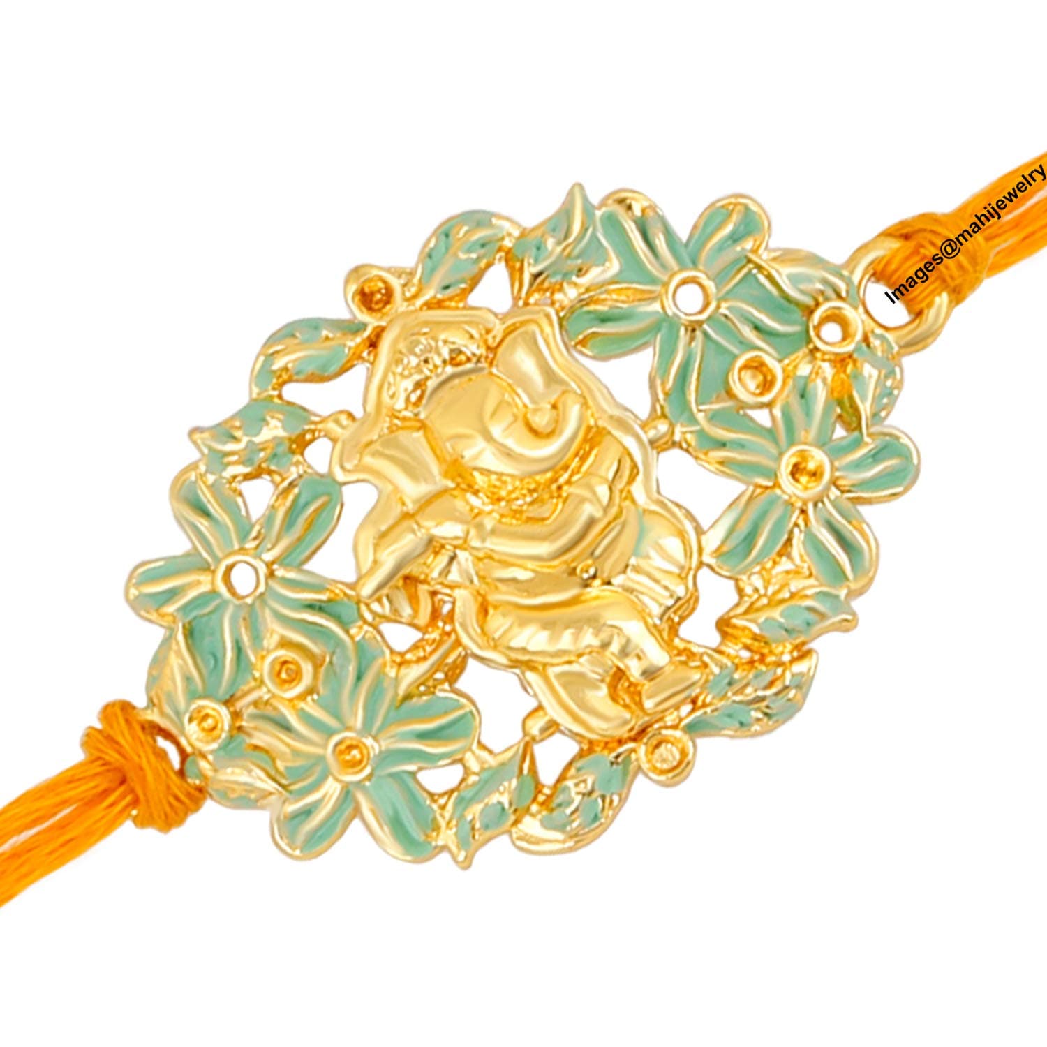 Mahi Gold Plated Floral Green Meena work Lord Ganesha Rakhi for Brother, Bhaiya, Bhai RA1100611G