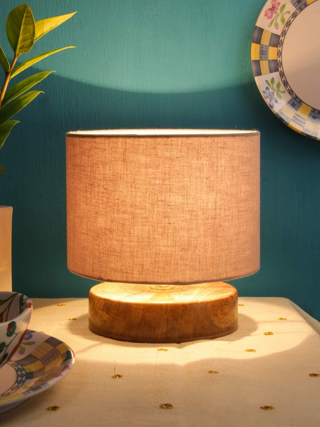 AMDHOME Grey Cotton Shade Table Lamp with Wood Base - Height 7 Inches | Warm Ambient Light for Living Room, Bedroom, Home Decor, Study Lampshade