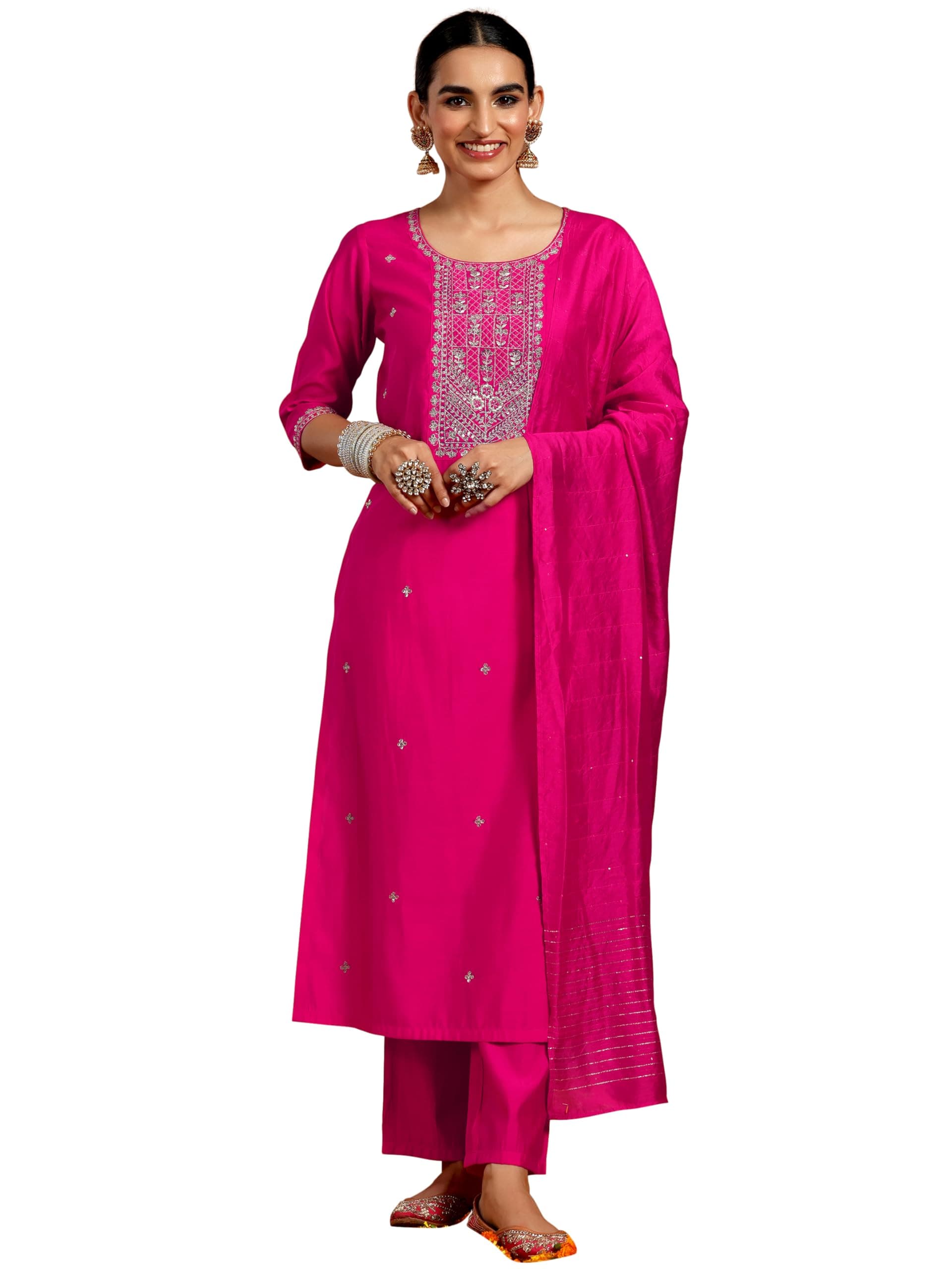 Gerua By Libas Womens Embroidered Silk Blend Straight Kurta With Trousers and Dupatta