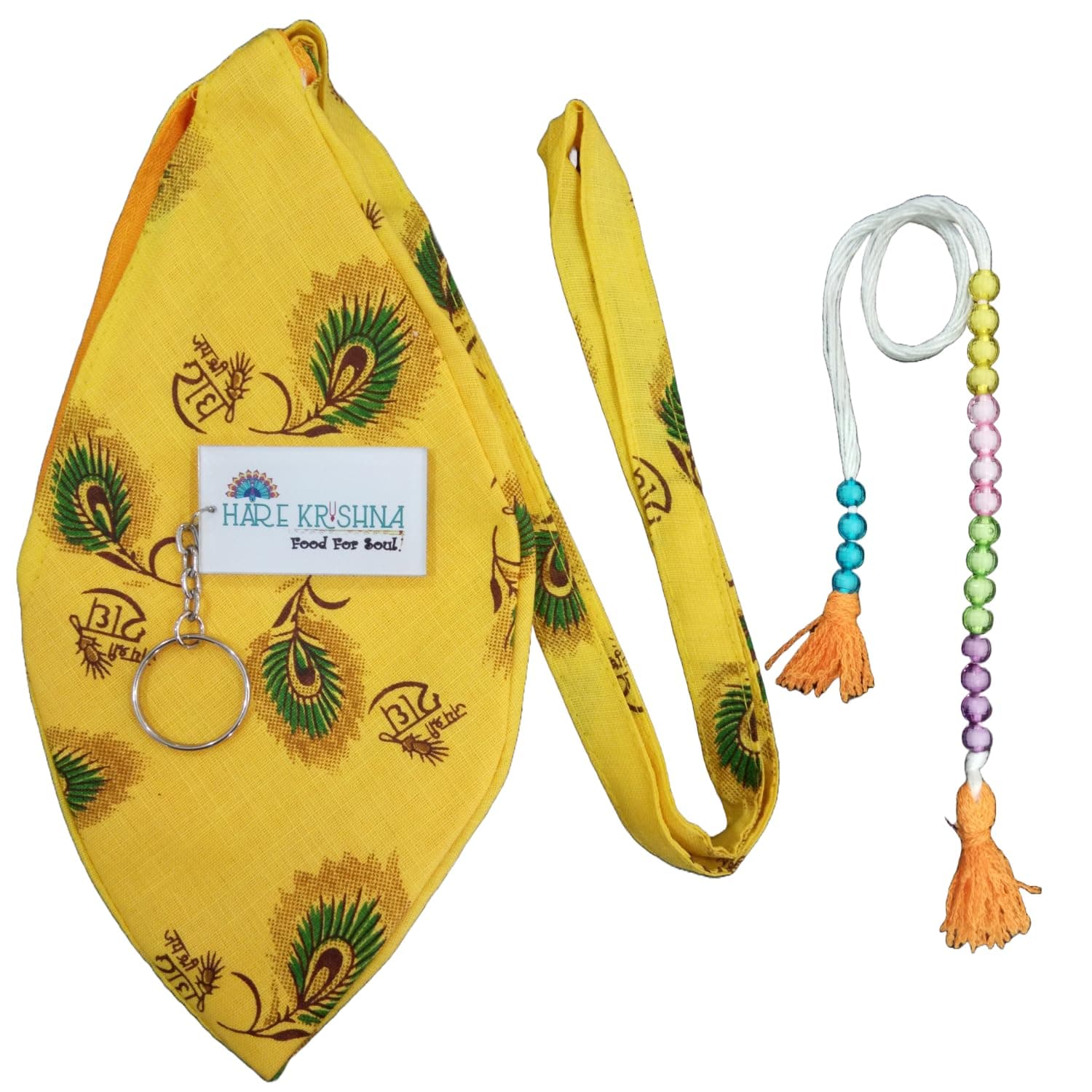 Hare Krishna Food For Soul Radhe Printed Gomukhi Japa Mala Bag for Chanting – Cotton Bead Bag with Zipper Pocket & Long Strap – Japa Beads Keeping Bag with Sakshi Mala & Keychain for Men & Women