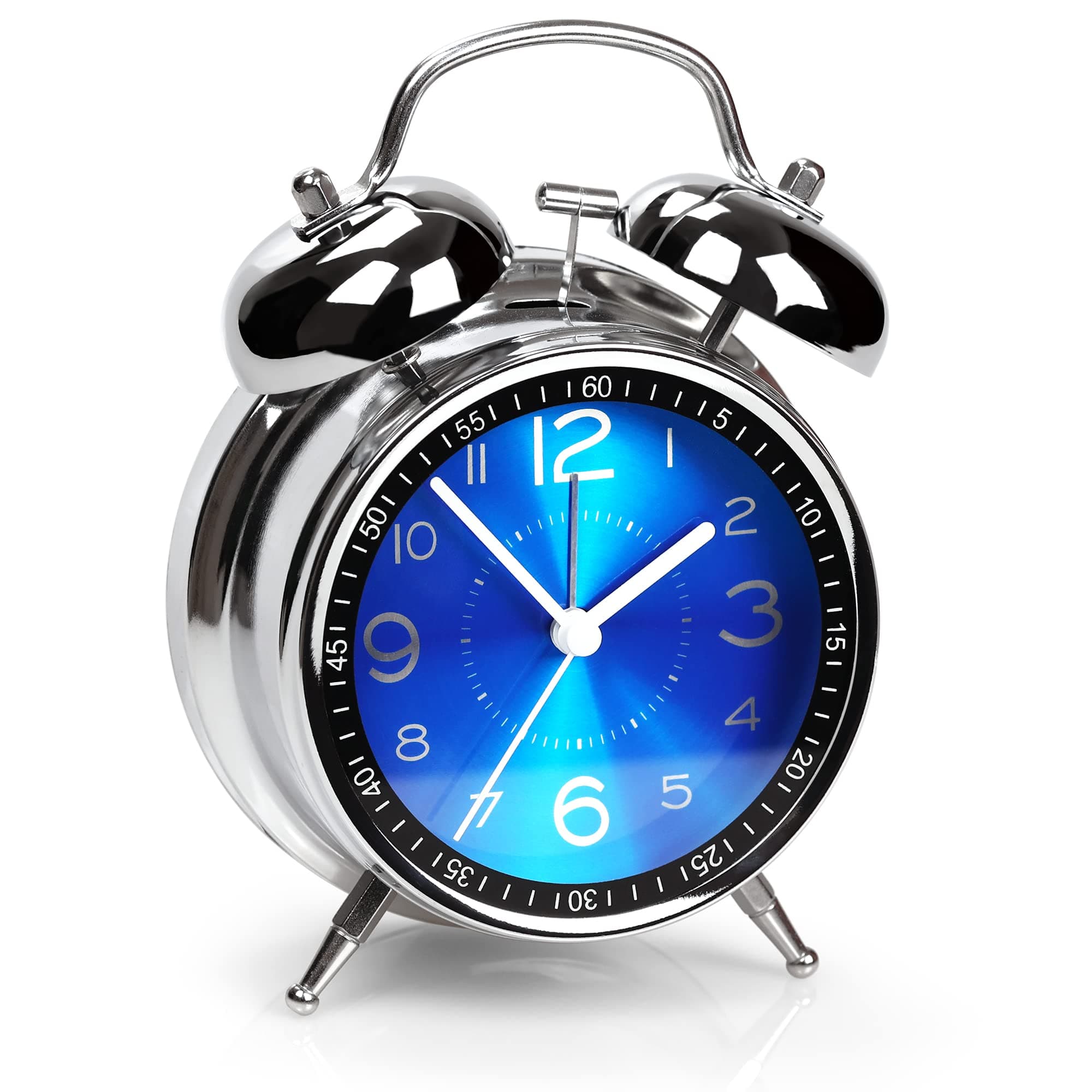 AYRELY Double Bells Retro Alarm Clock Loud for Deep Sleepers - 4 Inch Analogue No Ticking, Metal Dial with Night Light for Bedrooms and Bedside Tables (Blue)