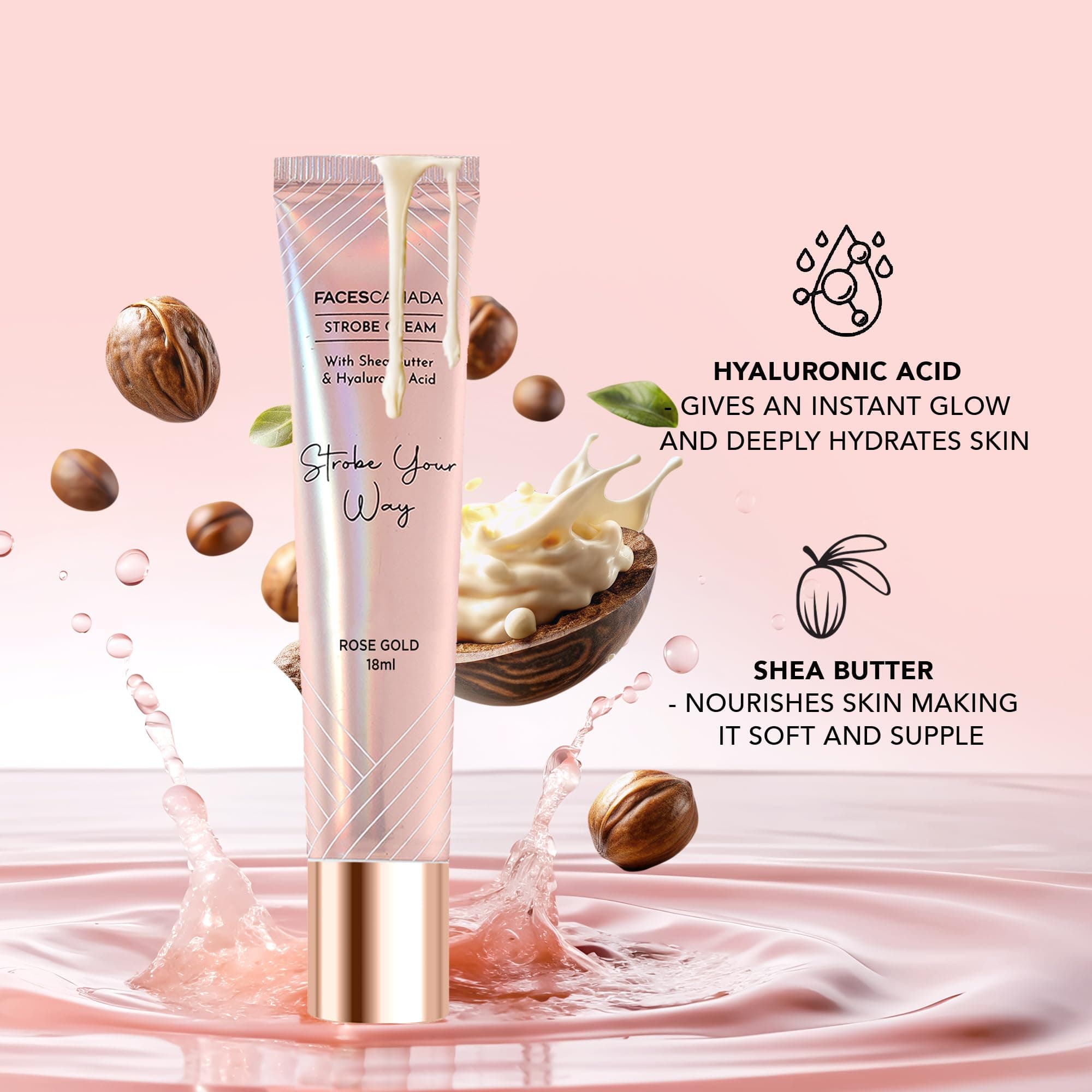 FACESCANADA Celeb Glow Combo | Strobe Cream - Rose Gold, 18ml + Hydra Matte Foundation - Absolute Ivory, 18ml + Comfy Matte Wow - Cocoa Crush, 3.8ml | Highlighter | Highly Pigmented | Pack of 3