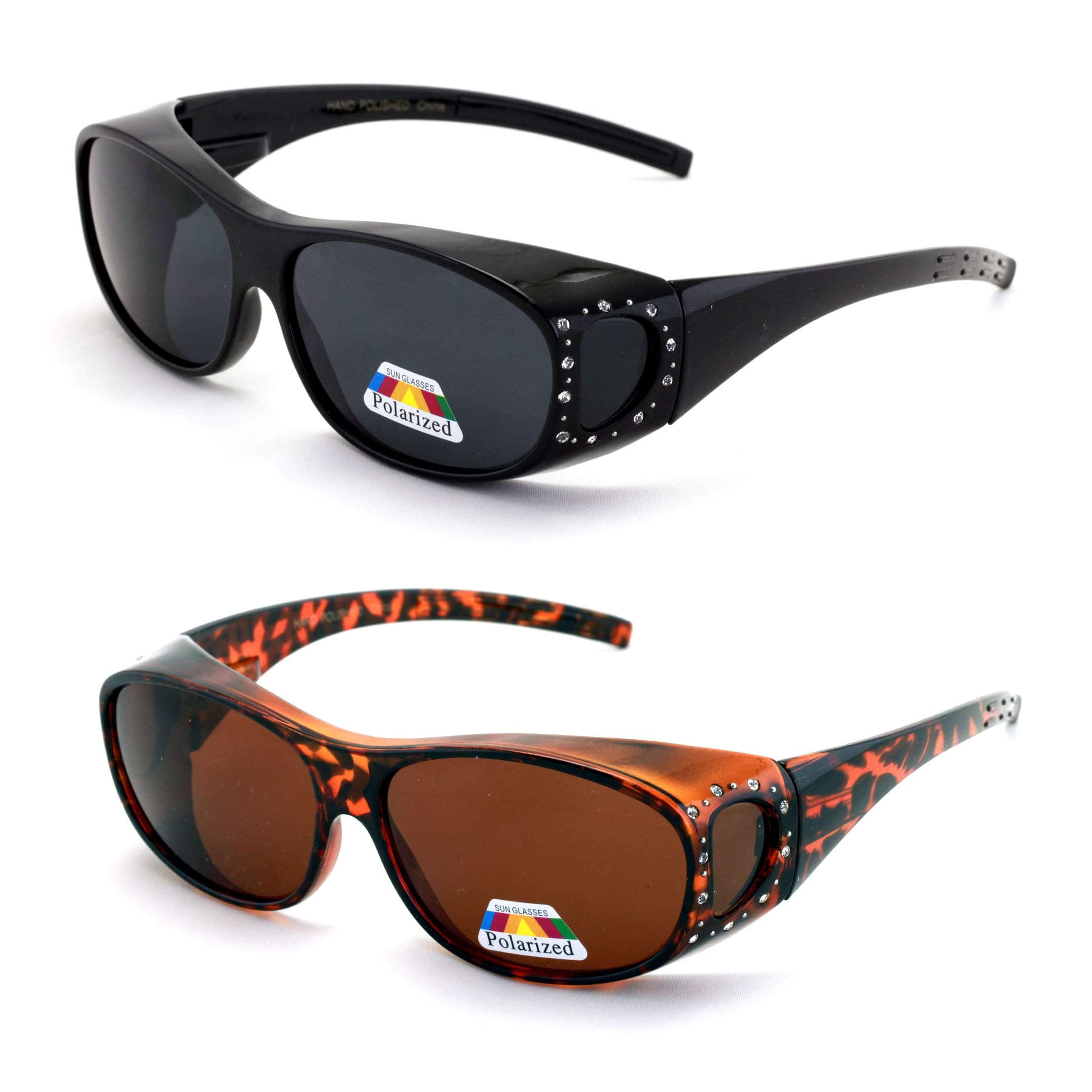 V.W.E. 2 Pairs Womens Polarized Fit Over Glasses Sunglasses Rhinestone Rectangular Frame Temple Heart, Black, Adult