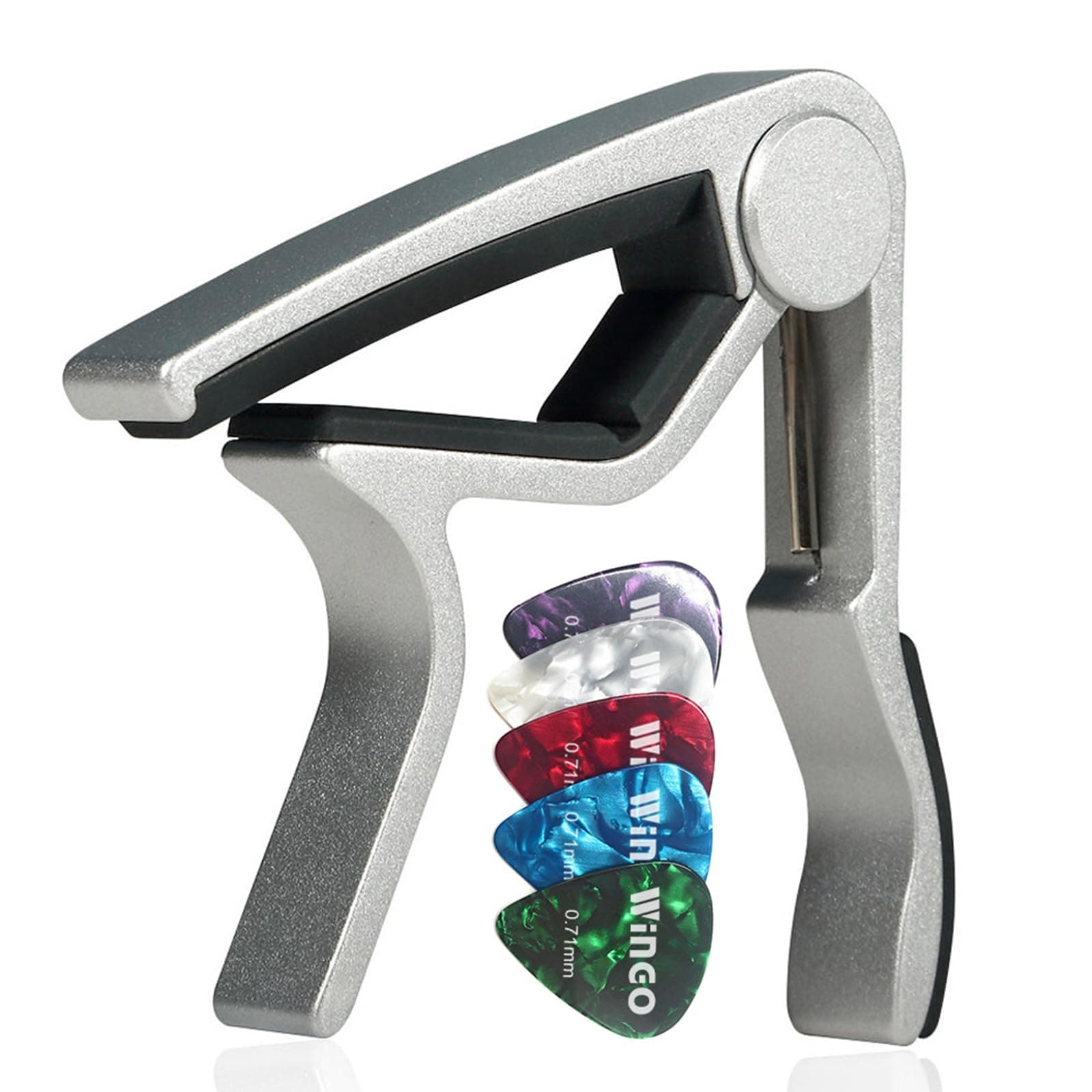 WINGO Quick-Change capo for Acoustic and Electric Guitars with 5 Picks for Free,Silver