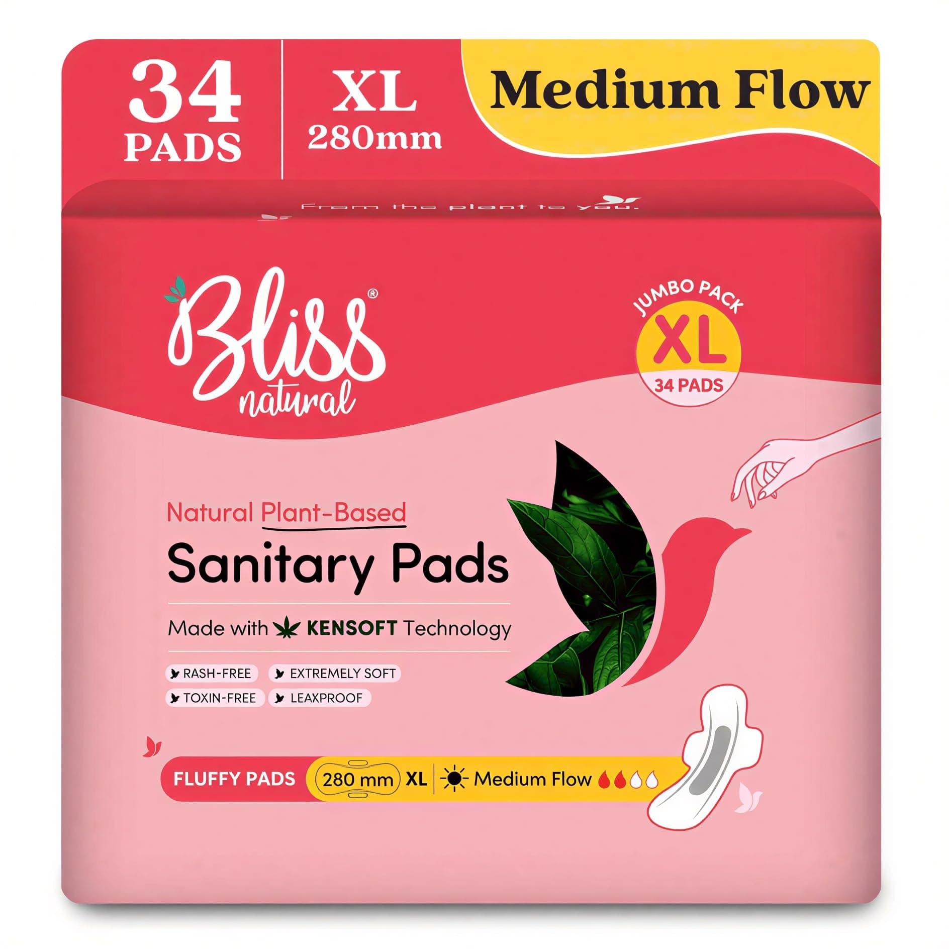 BLISSNATURAL Ultra Soft Sanitary Pads for Women XL | Pack of 34