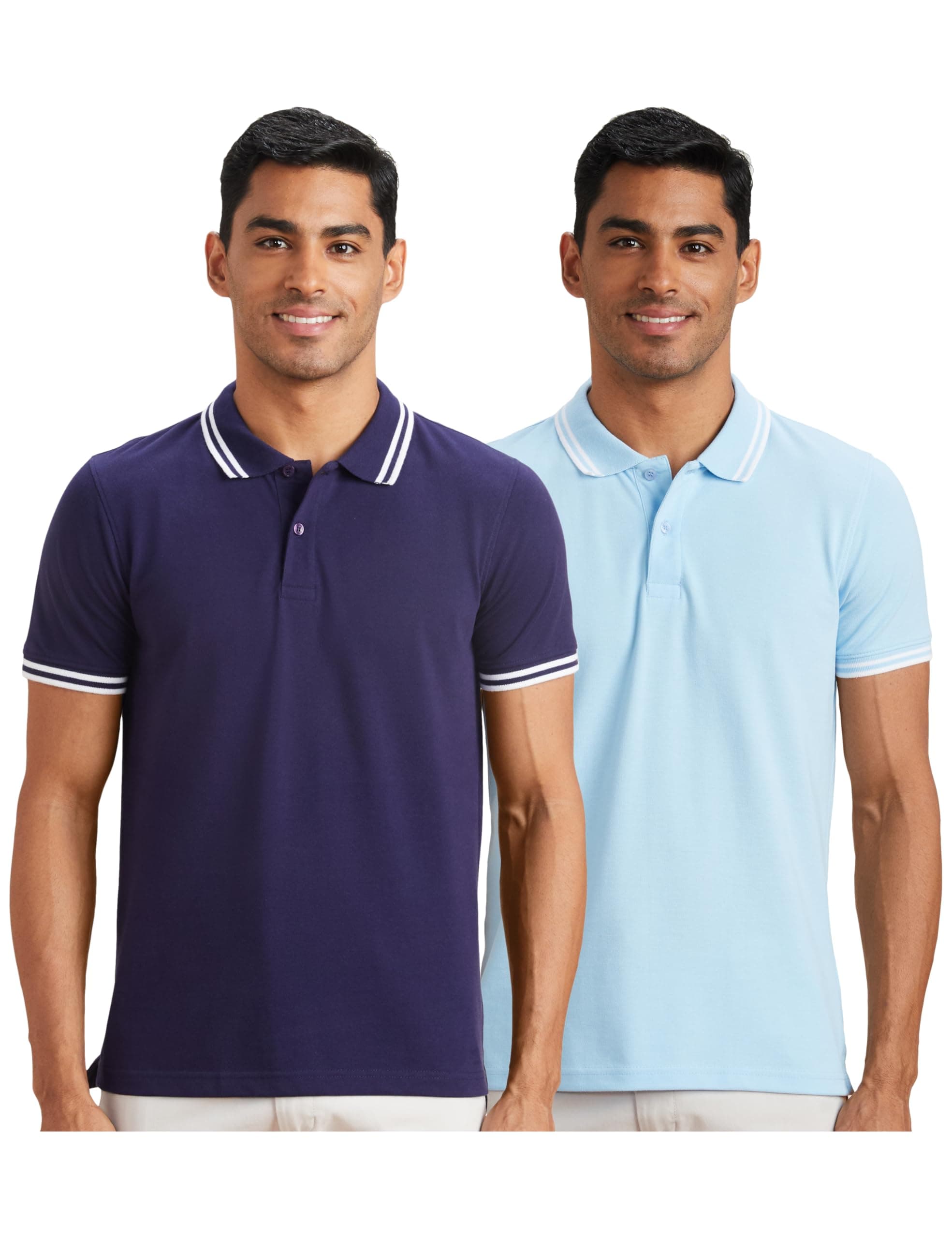 Amazon Brand - Symbol Men's Solid Regular Fit Polo (2 Set) (CT-PO2_Sky & Peacoat Blue_S)